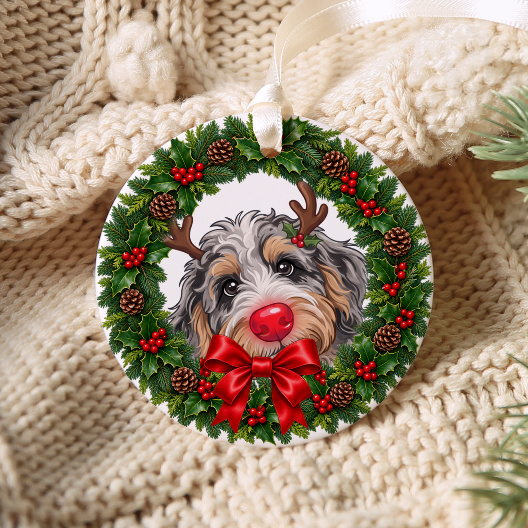 Peeking Rudolph Aussiedoodle Ornament