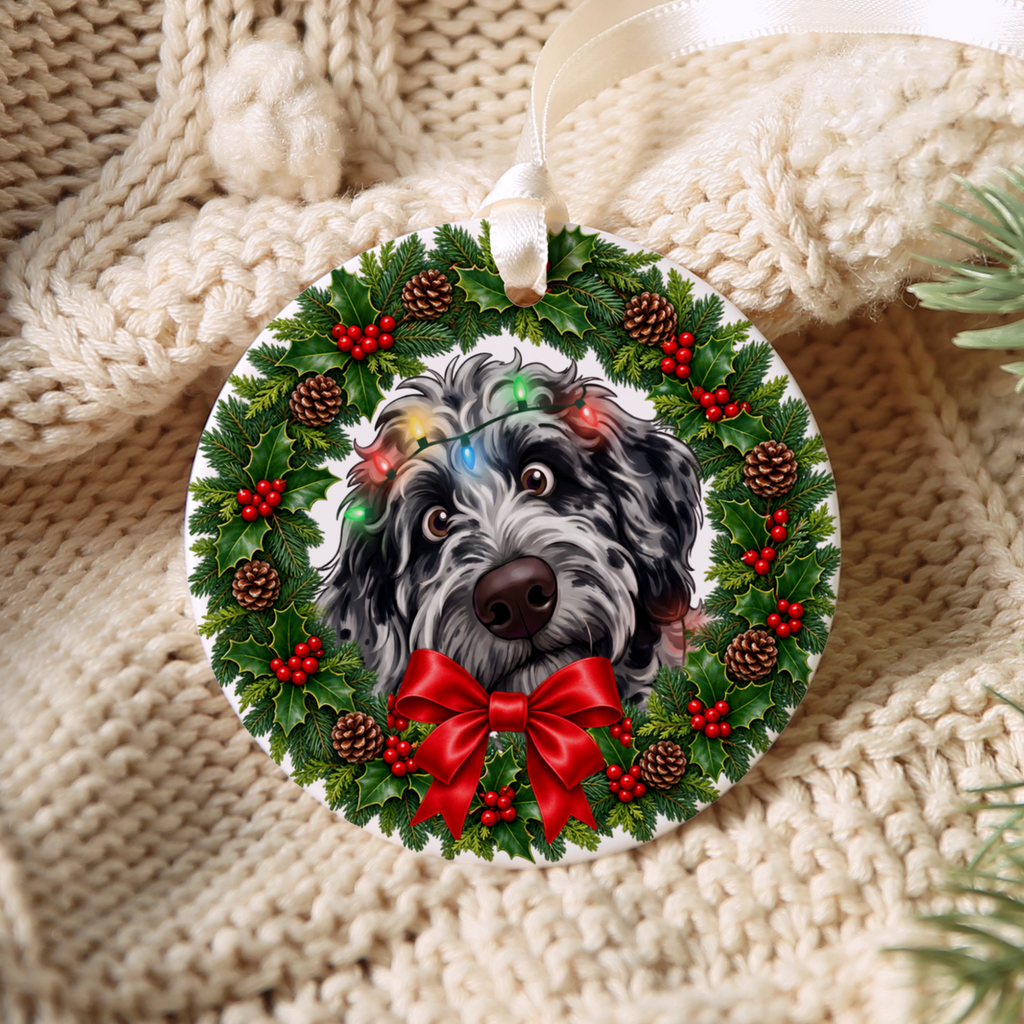 Peeking Merle Goldendoodle Holiday Ornament