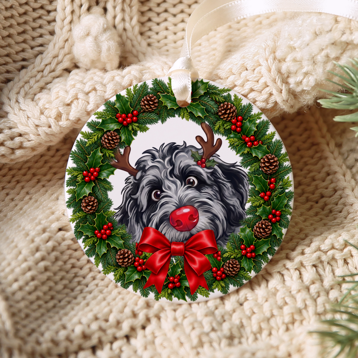 Peeking Rudolph Merle Goldendoodle Ornament