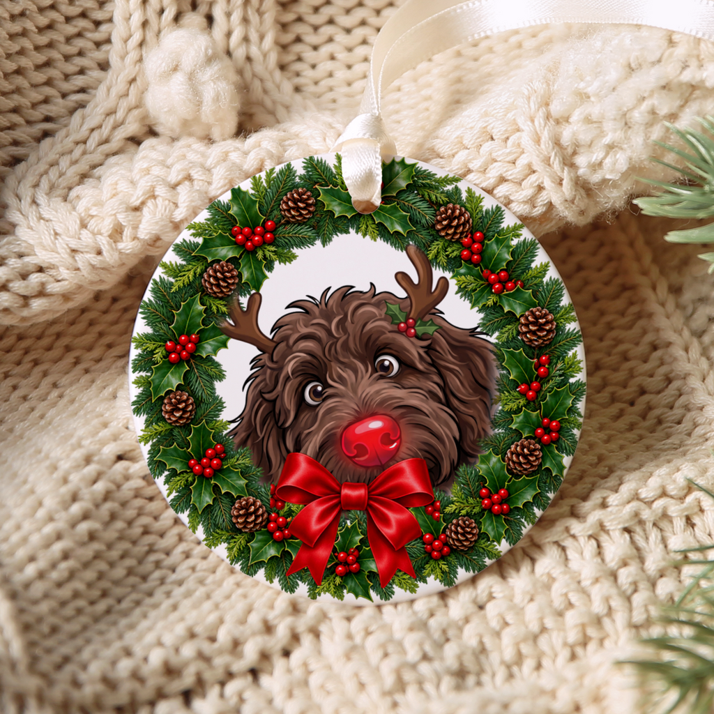Peeking Rudolph Chocolate Goldendoodle Ornament