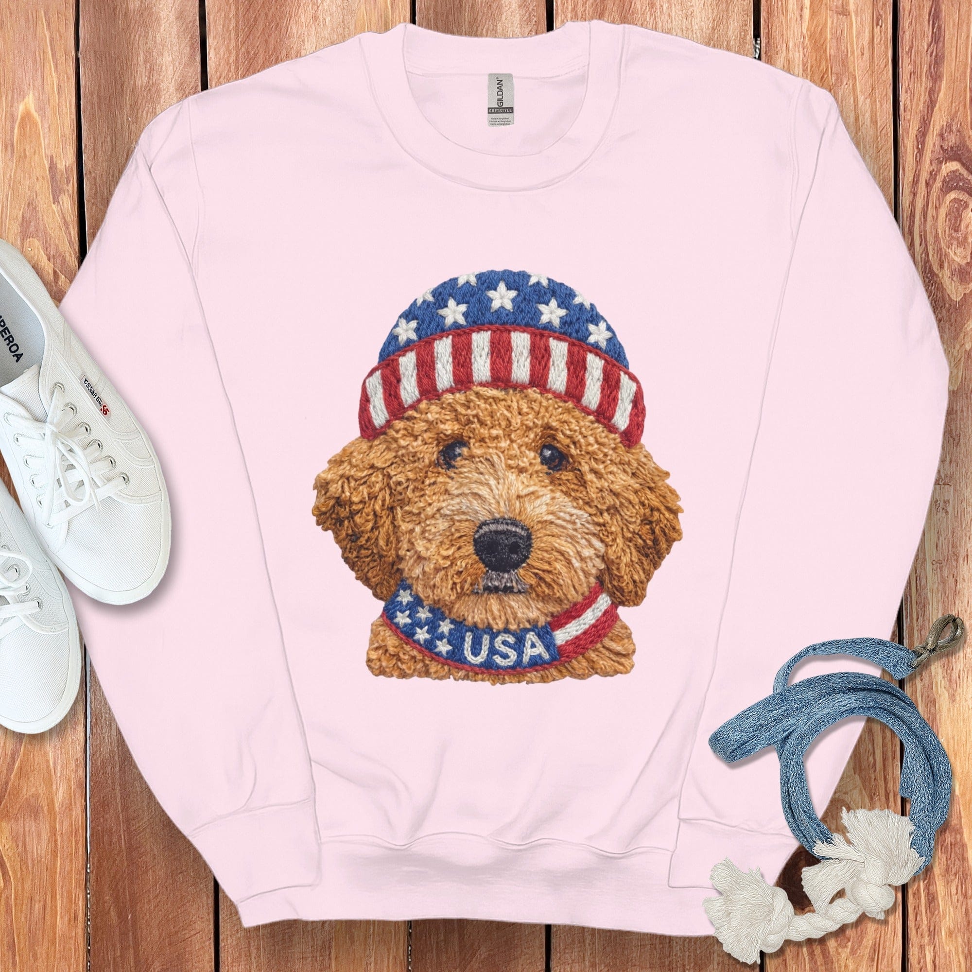 Patriotic Apricot Doodle Sweatshirt in Light Pink / S by Puppy Jo