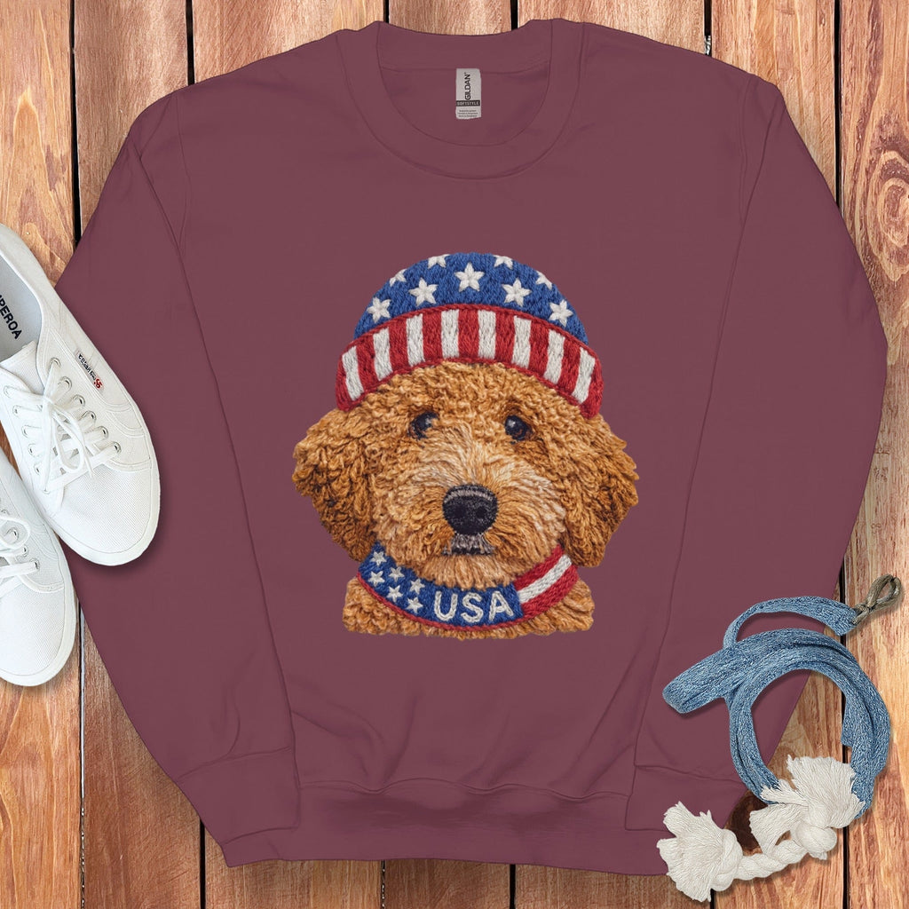 Patriotic Apricot Doodle Sweatshirt in Maroon / S by Puppy Jo