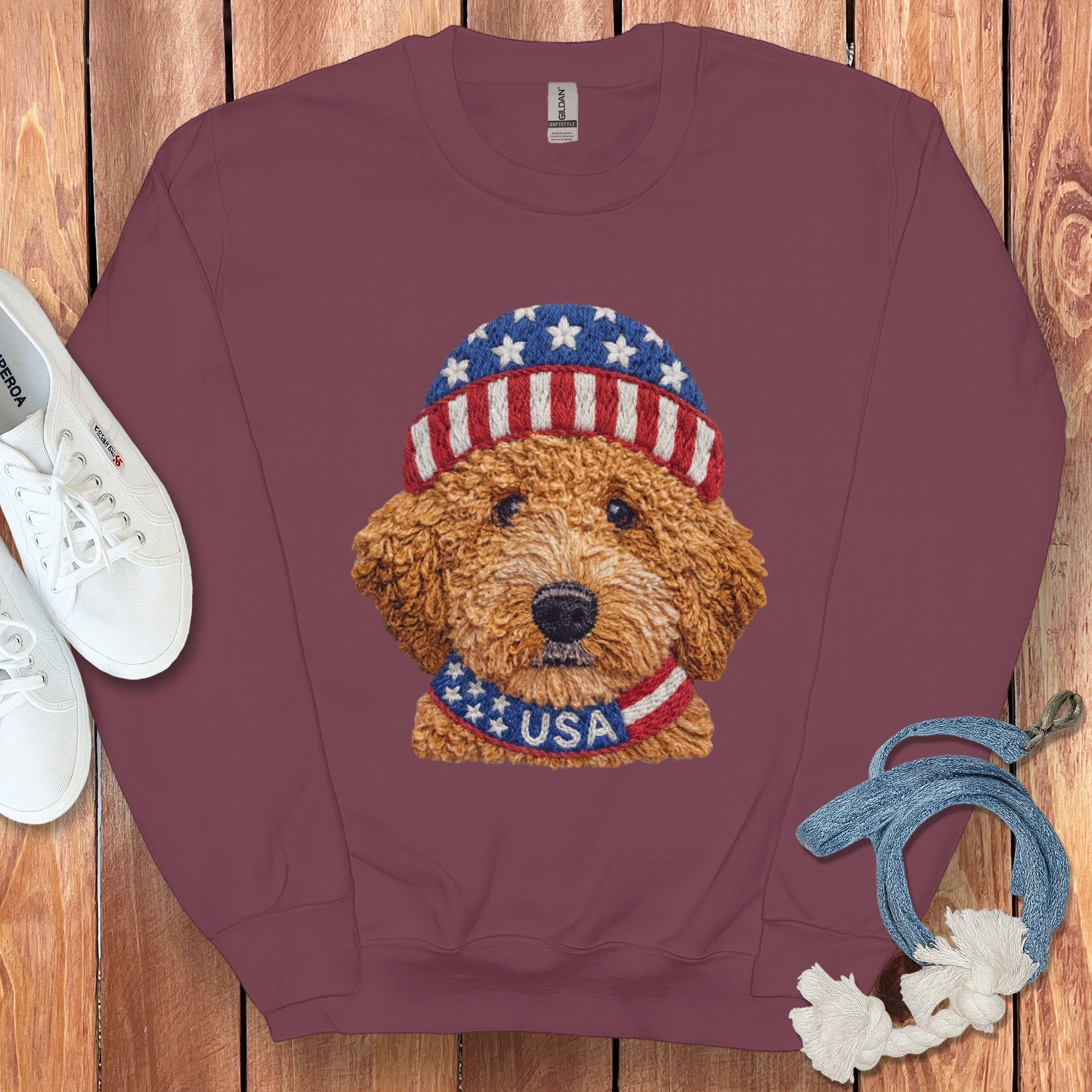 Patriotic Apricot Doodle Sweatshirt in Maroon / S by Puppy Jo