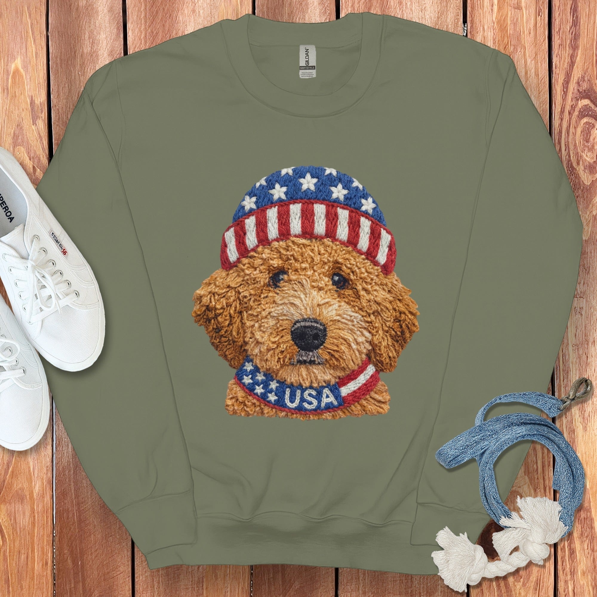 Patriotic Apricot Doodle Sweatshirt in Military Green / S by Puppy Jo