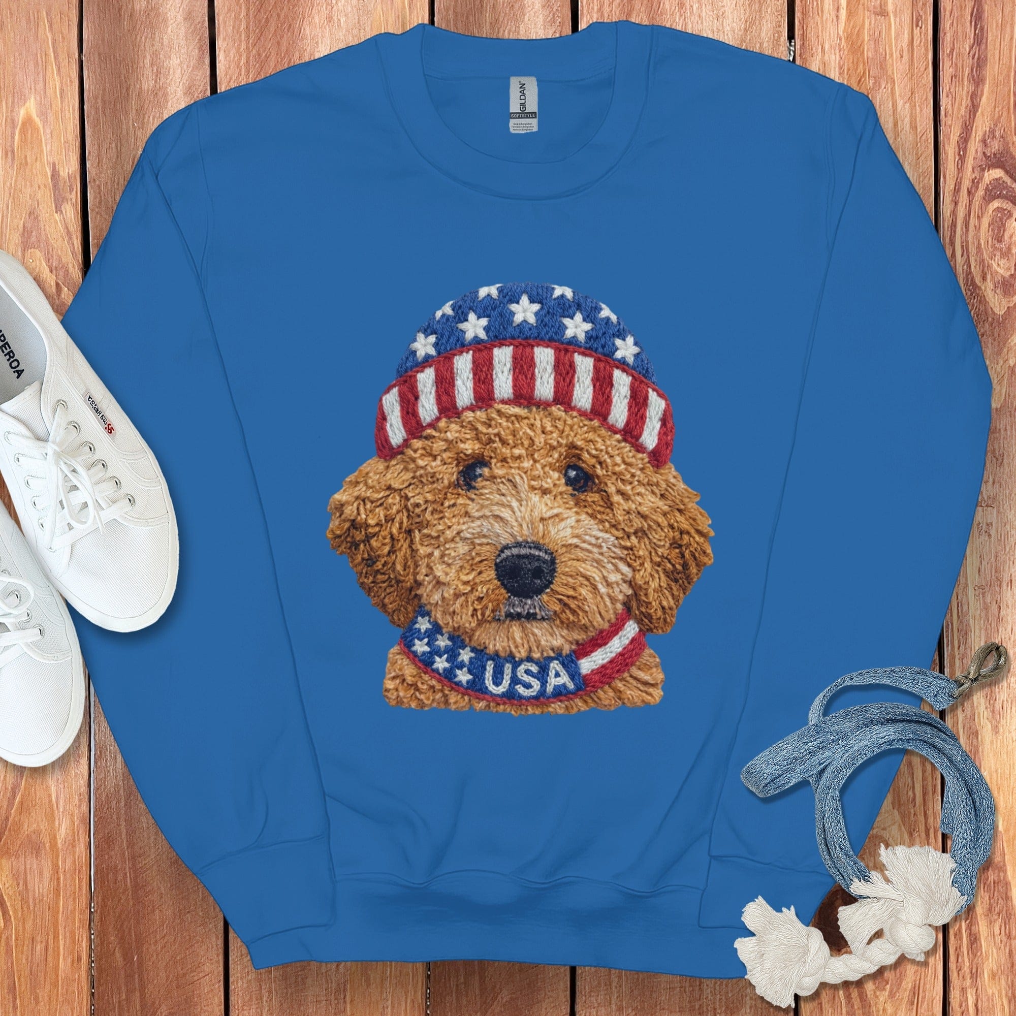 Patriotic Apricot Doodle Sweatshirt in Royal / S by Puppy Jo