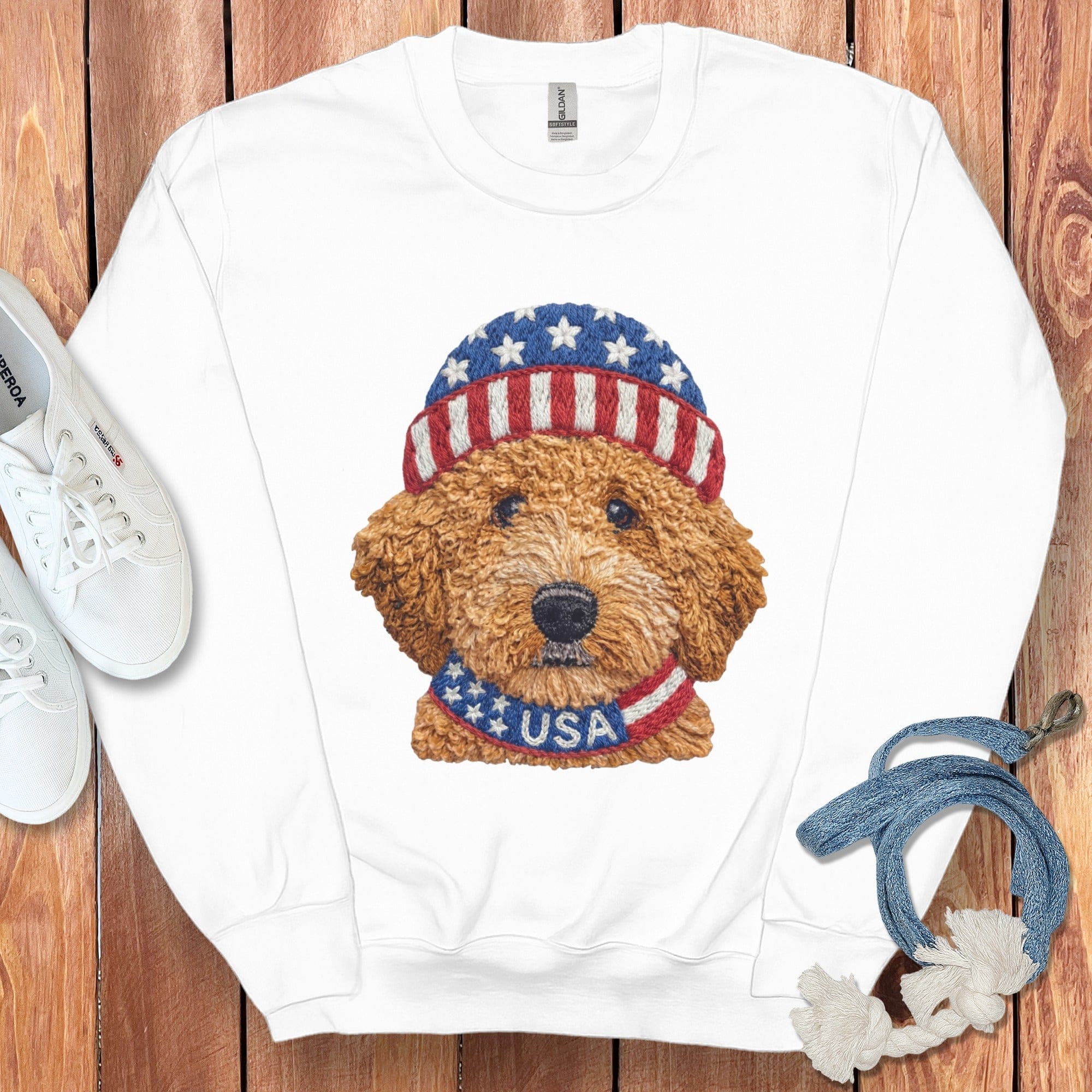 Patriotic Apricot Doodle Sweatshirt in White / S by Puppy Jo