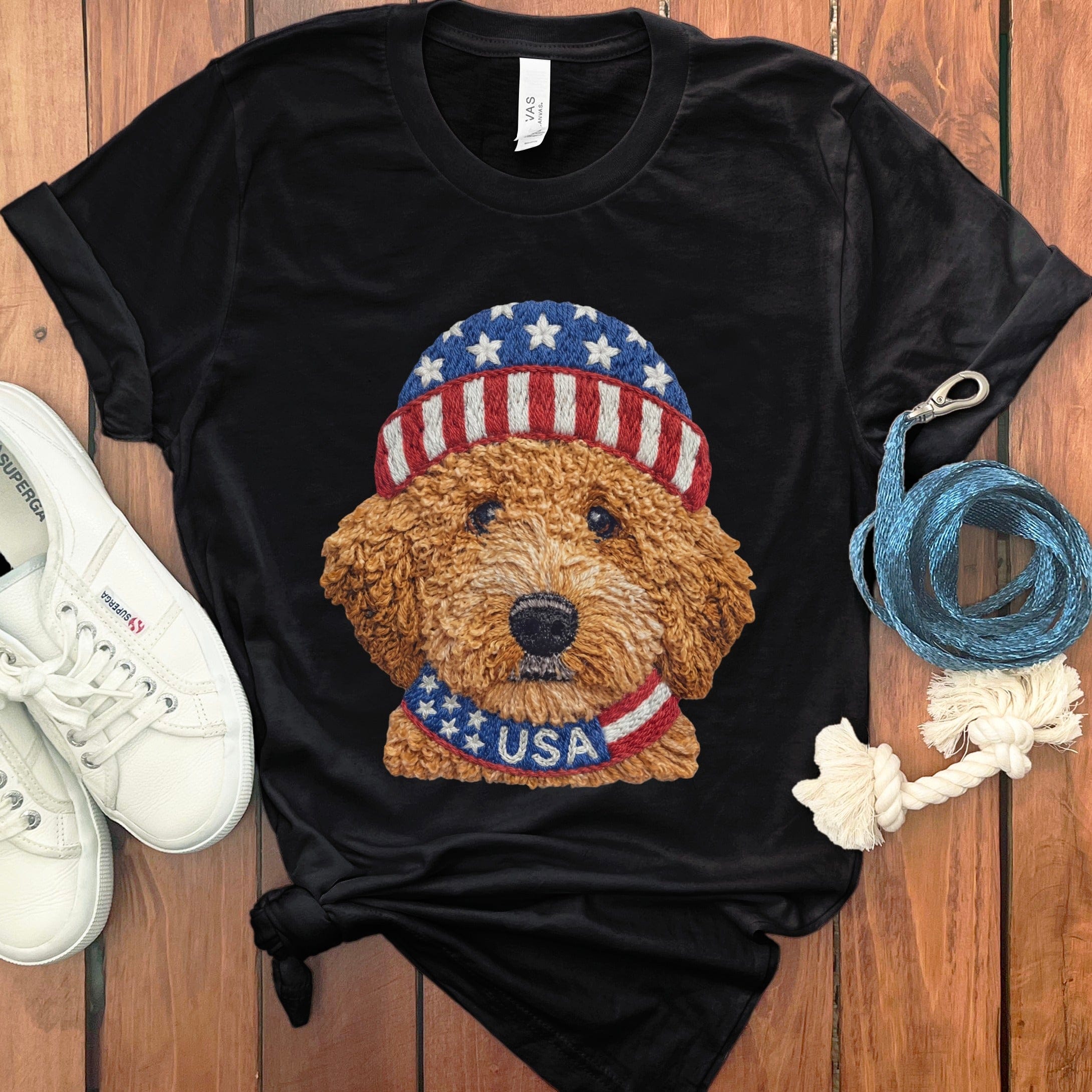 Patriotic Apricot Doodle T-Shirt in Black / S by Puppy Jo