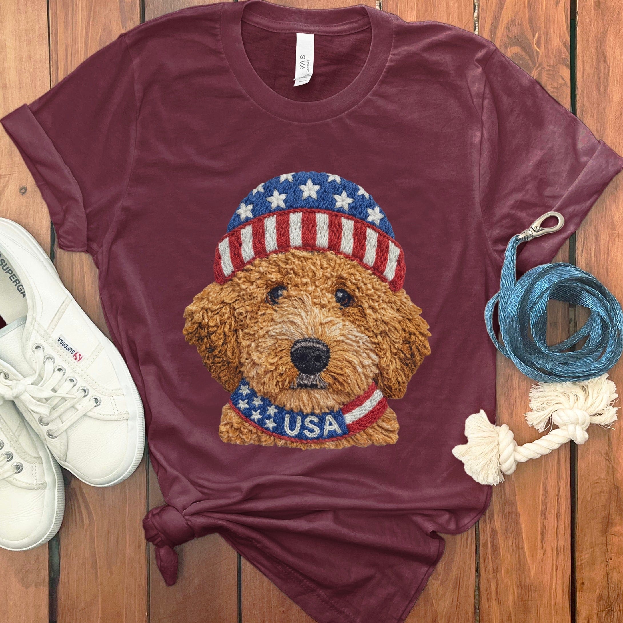 Patriotic Apricot Doodle T-Shirt in Maroon / S by Puppy Jo