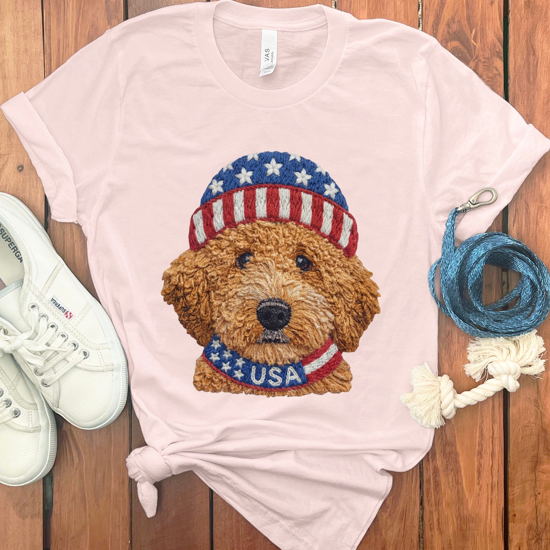 Patriotic Apricot Doodle T-Shirt in Soft Pink / S by Puppy Jo