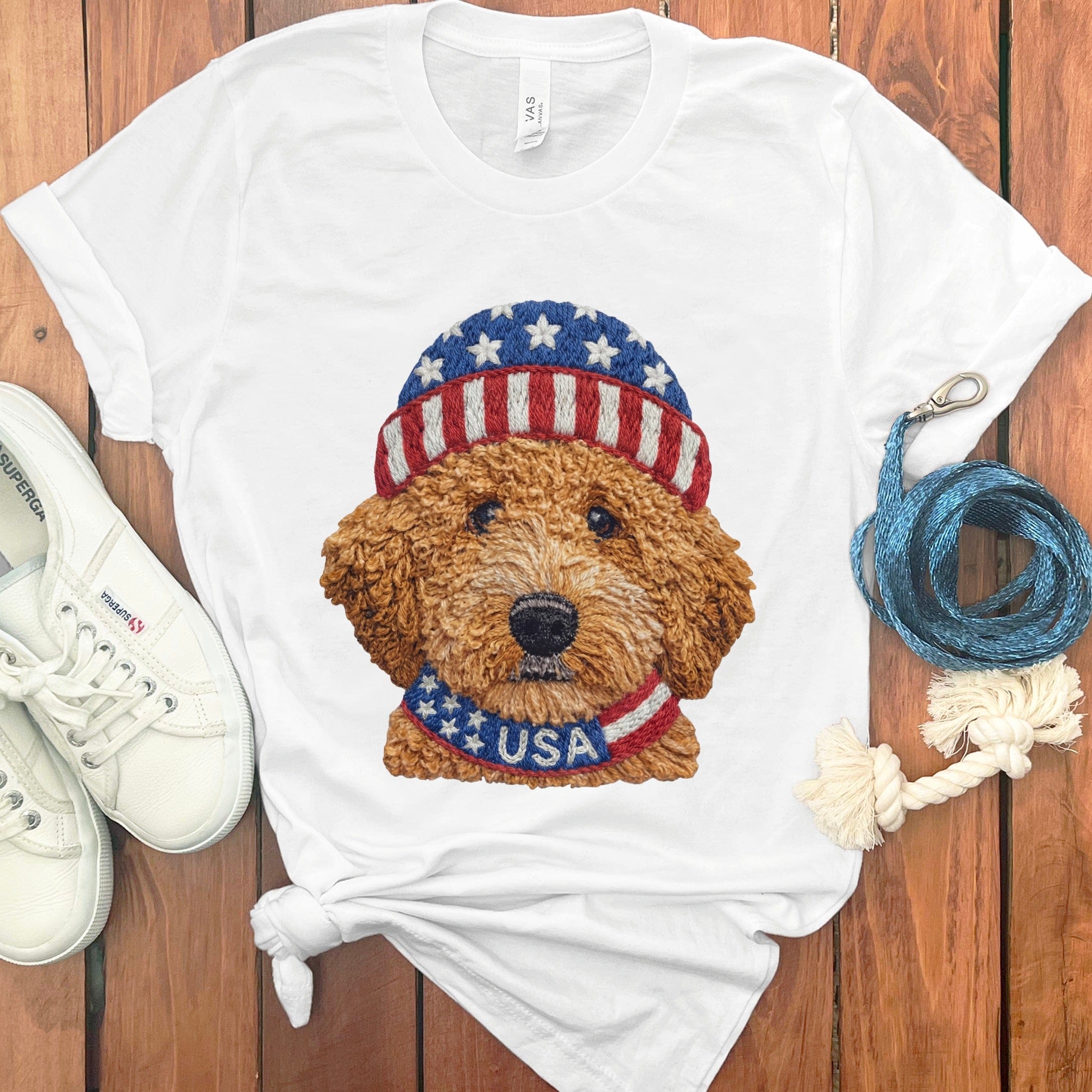 Patriotic Apricot Doodle T-Shirt in White / S by Puppy Jo