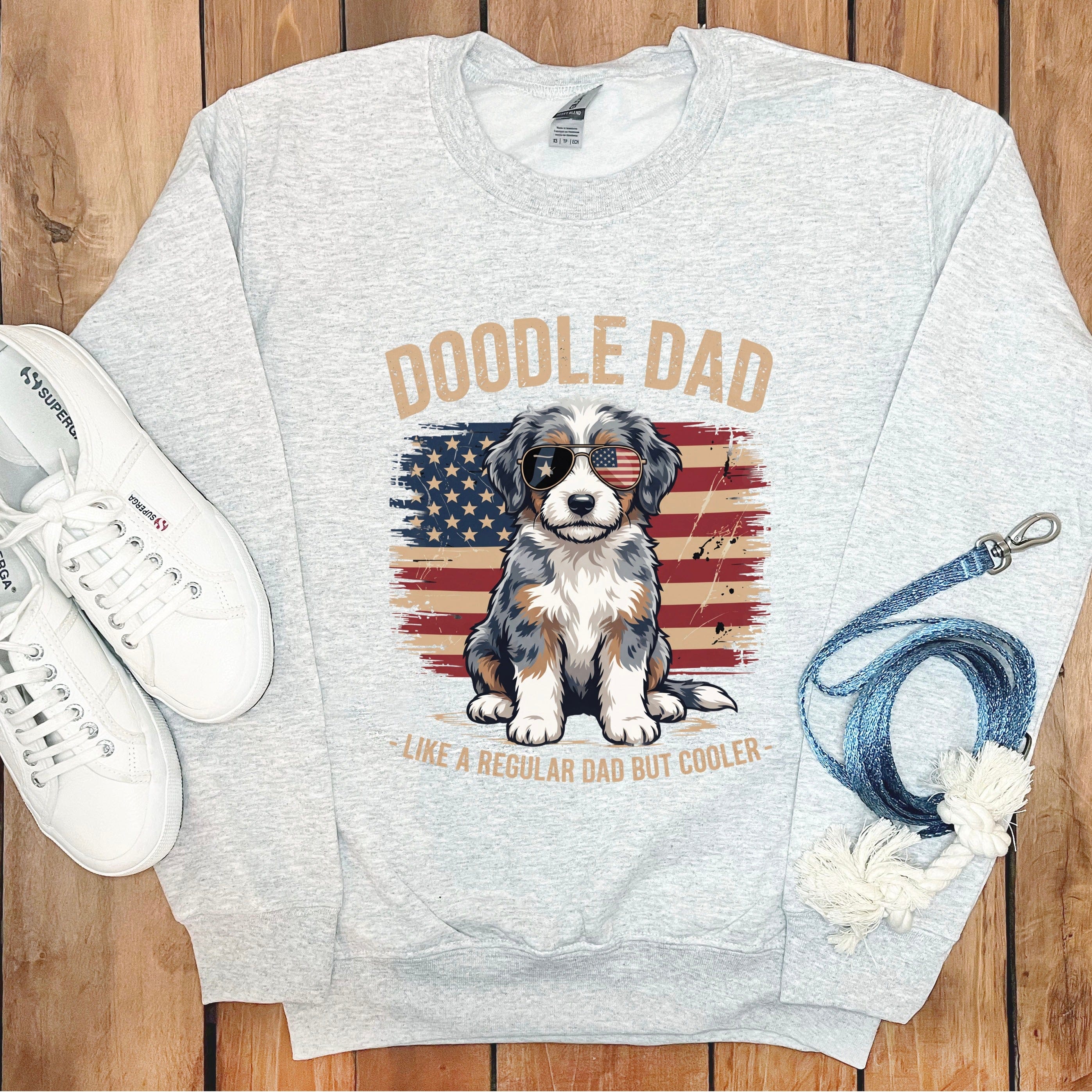 Patriotic Aussiedoodle Dad Sweatshirt in Ash / S by Puppy Jo