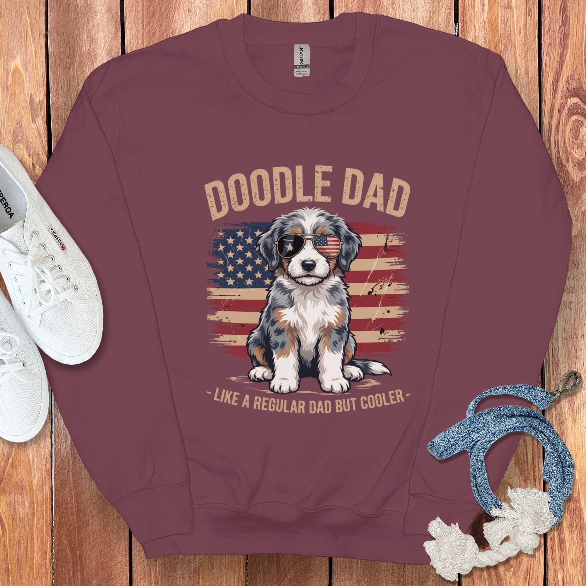 Patriotic Aussiedoodle Dad Sweatshirt in Maroon / S by Puppy Jo