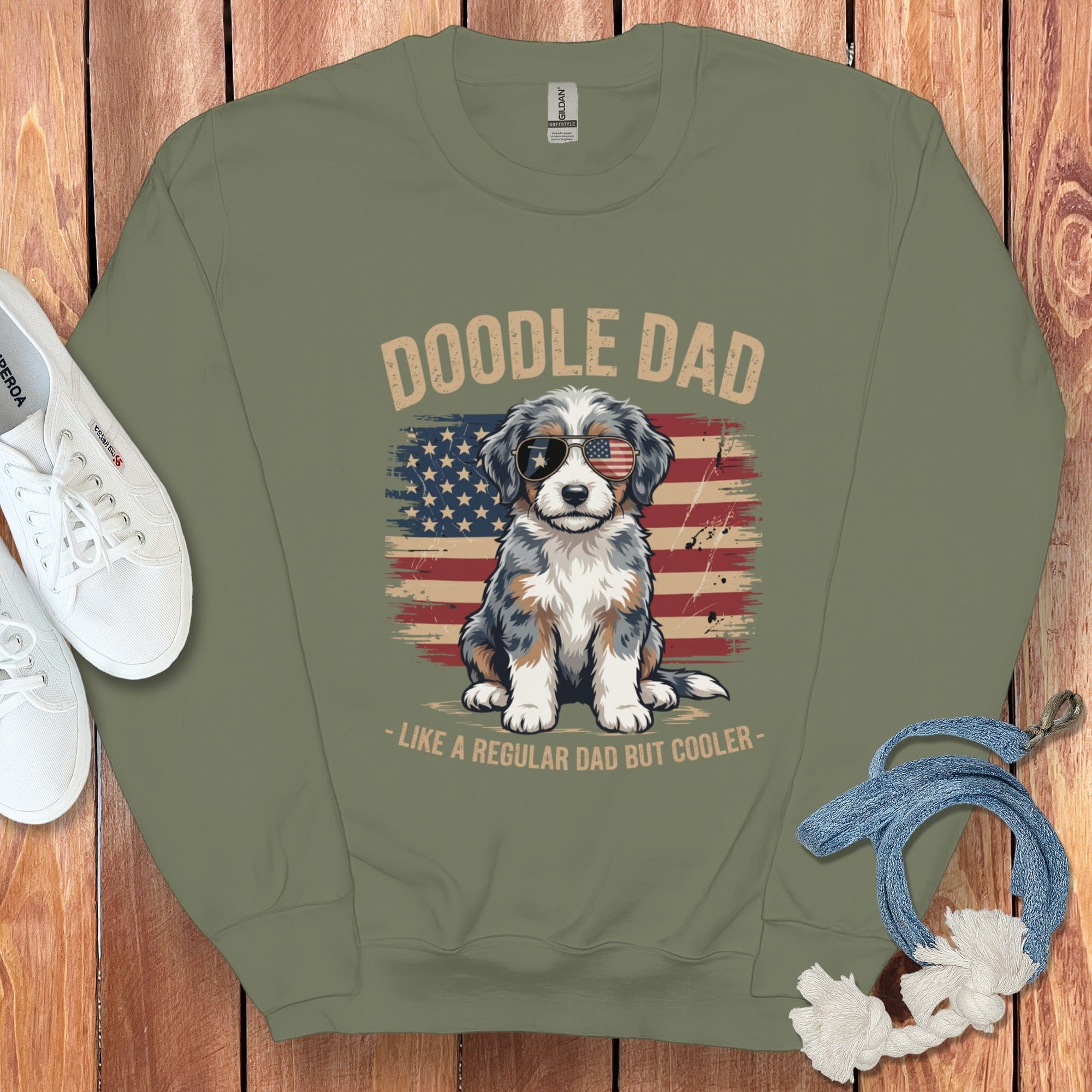 Patriotic Aussiedoodle Dad Sweatshirt in Military Green / S by Puppy Jo