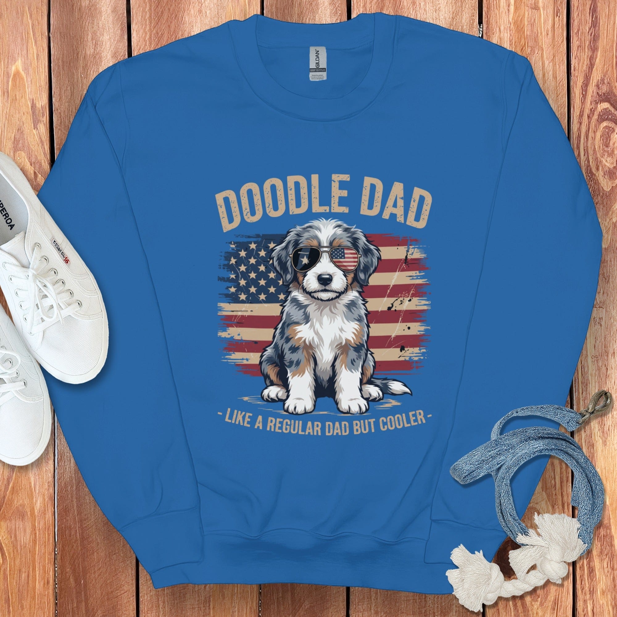Patriotic Aussiedoodle Dad Sweatshirt in Royal / S by Puppy Jo