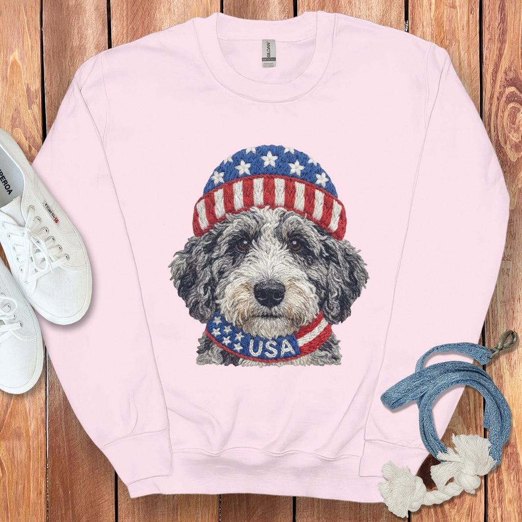 Patriotic Aussiedoodle Sweatshirt in Light Pink / S by Puppy Jo