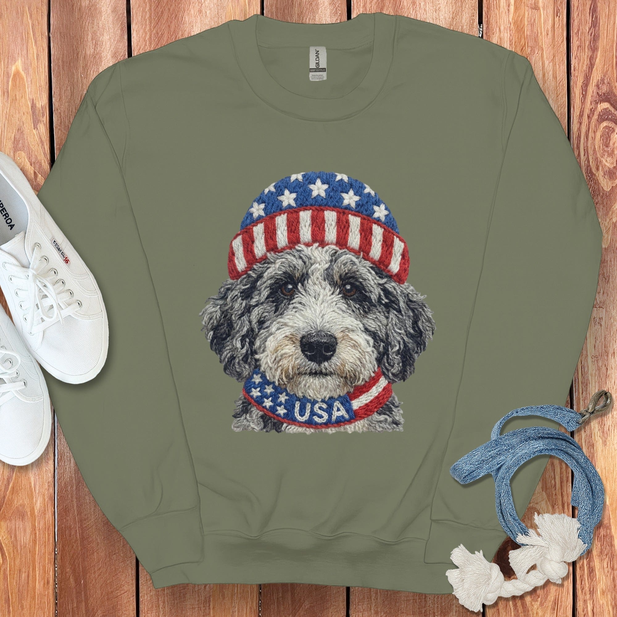 Patriotic Aussiedoodle Sweatshirt in Military Green / S by Puppy Jo