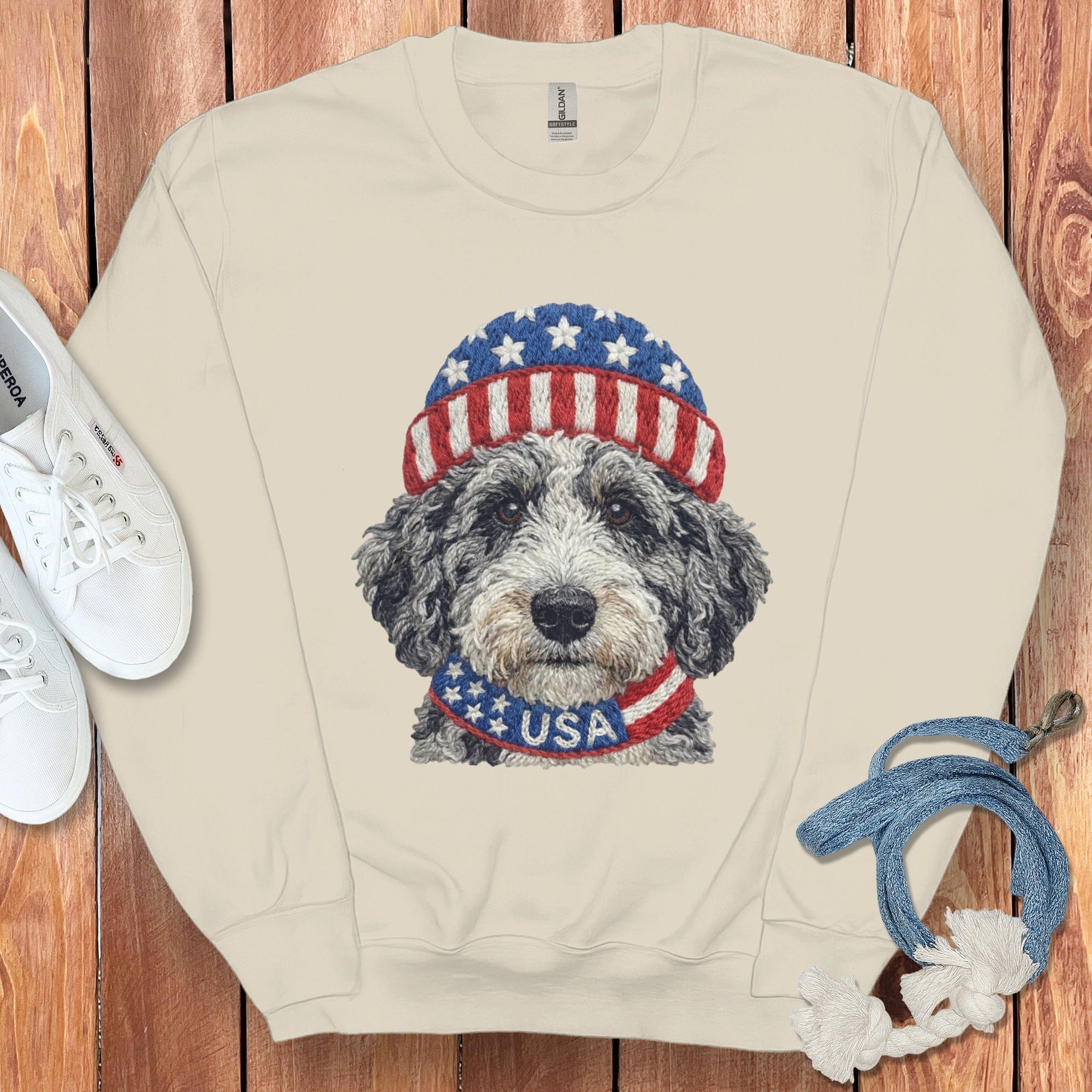 Patriotic Aussiedoodle Sweatshirt in Sand / S by Puppy Jo