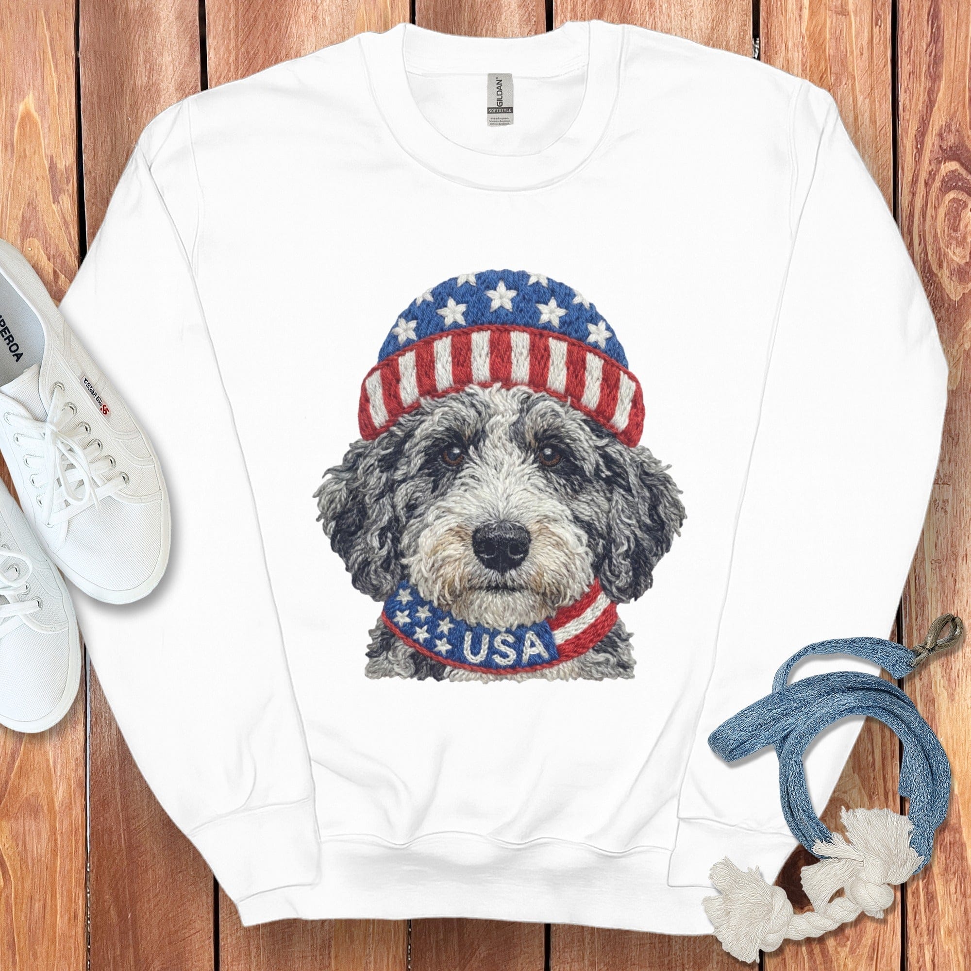 Patriotic Aussiedoodle Sweatshirt in White / S by Puppy Jo