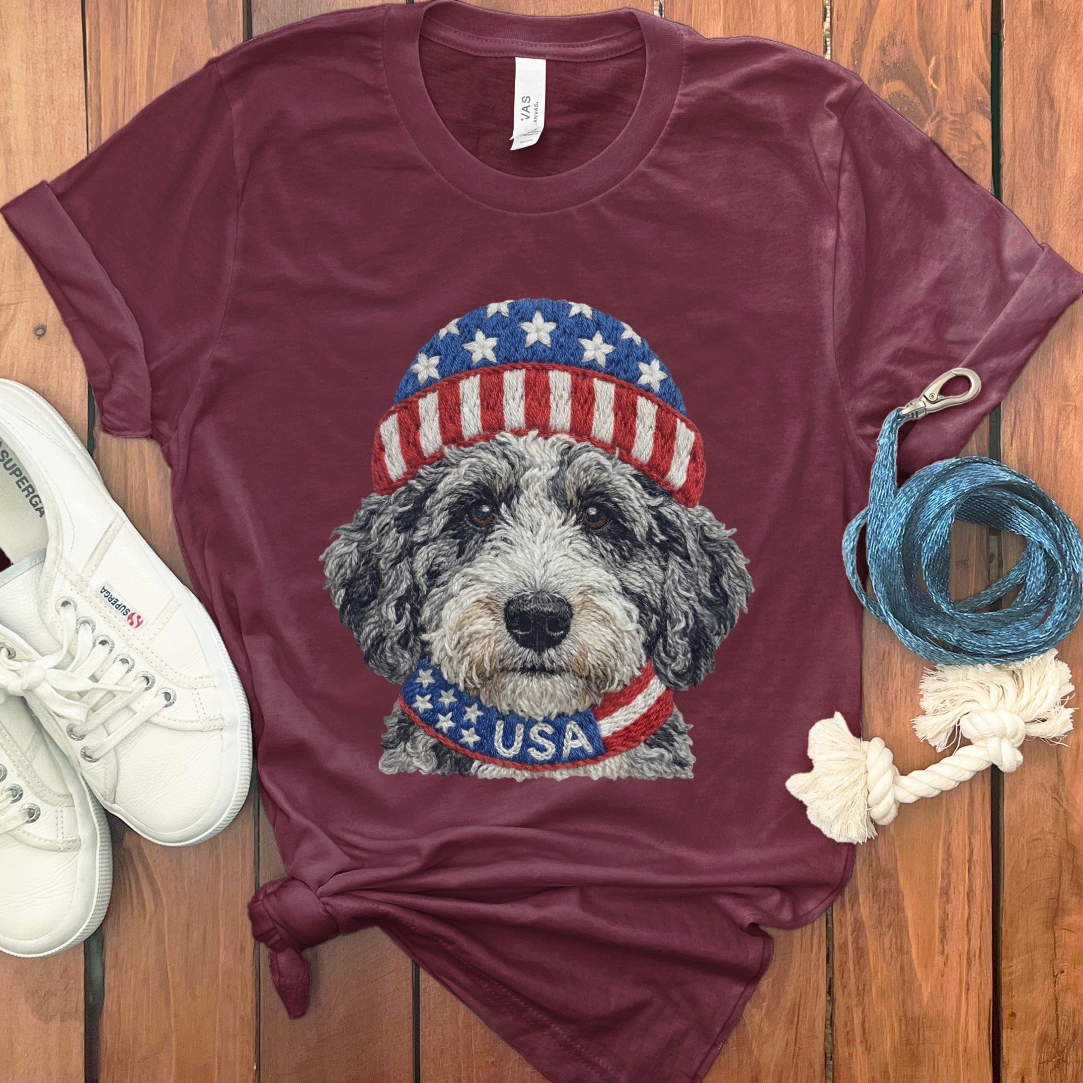 Patriotic Aussiedoodle T-Shirt in Maroon / S by Puppy Jo