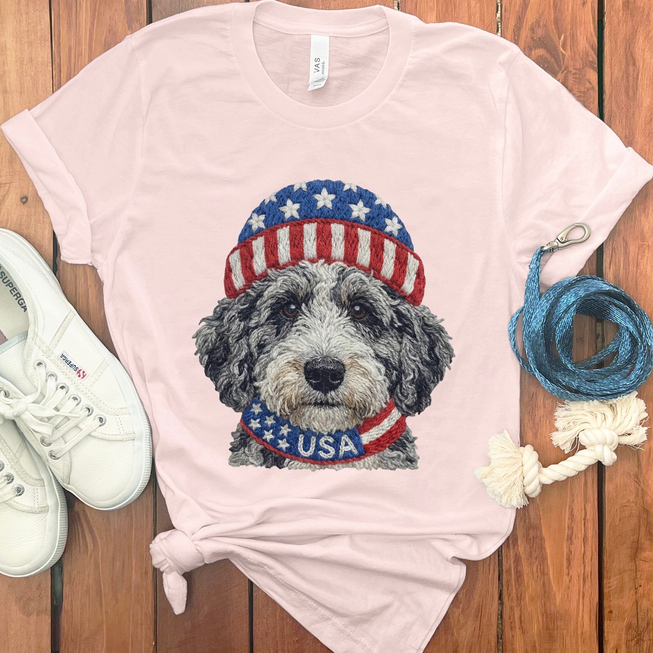 Patriotic Aussiedoodle T-Shirt in Soft Pink / S by Puppy Jo