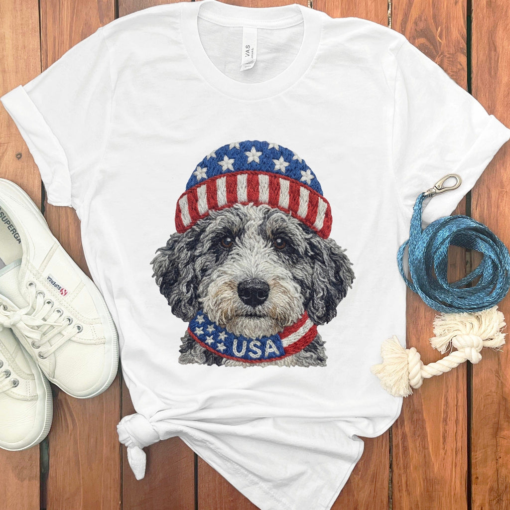 Patriotic Aussiedoodle T-Shirt in White / S by Puppy Jo