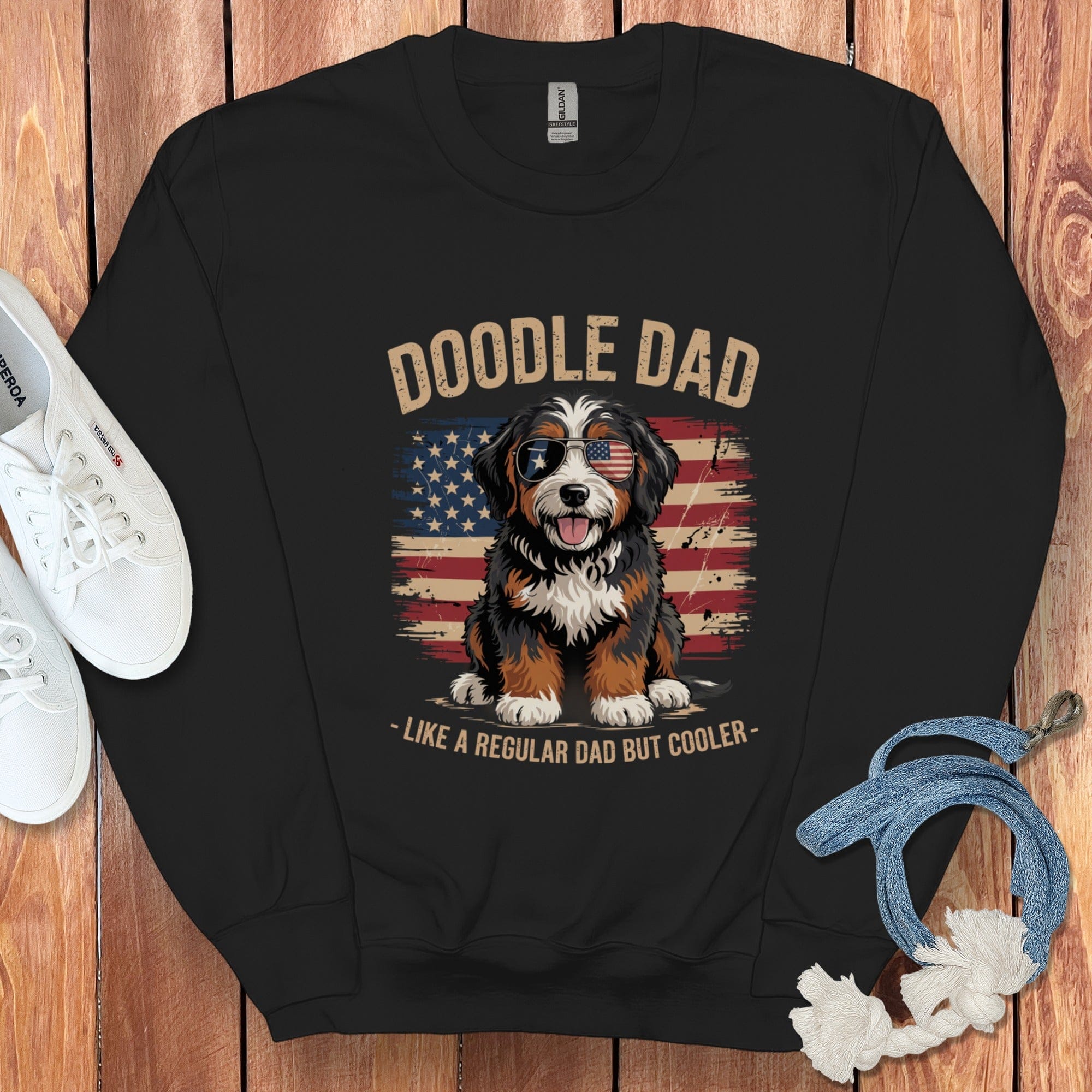 Patriotic Bernedoodle Dad Sweatshirt in Black / S by Puppy Jo