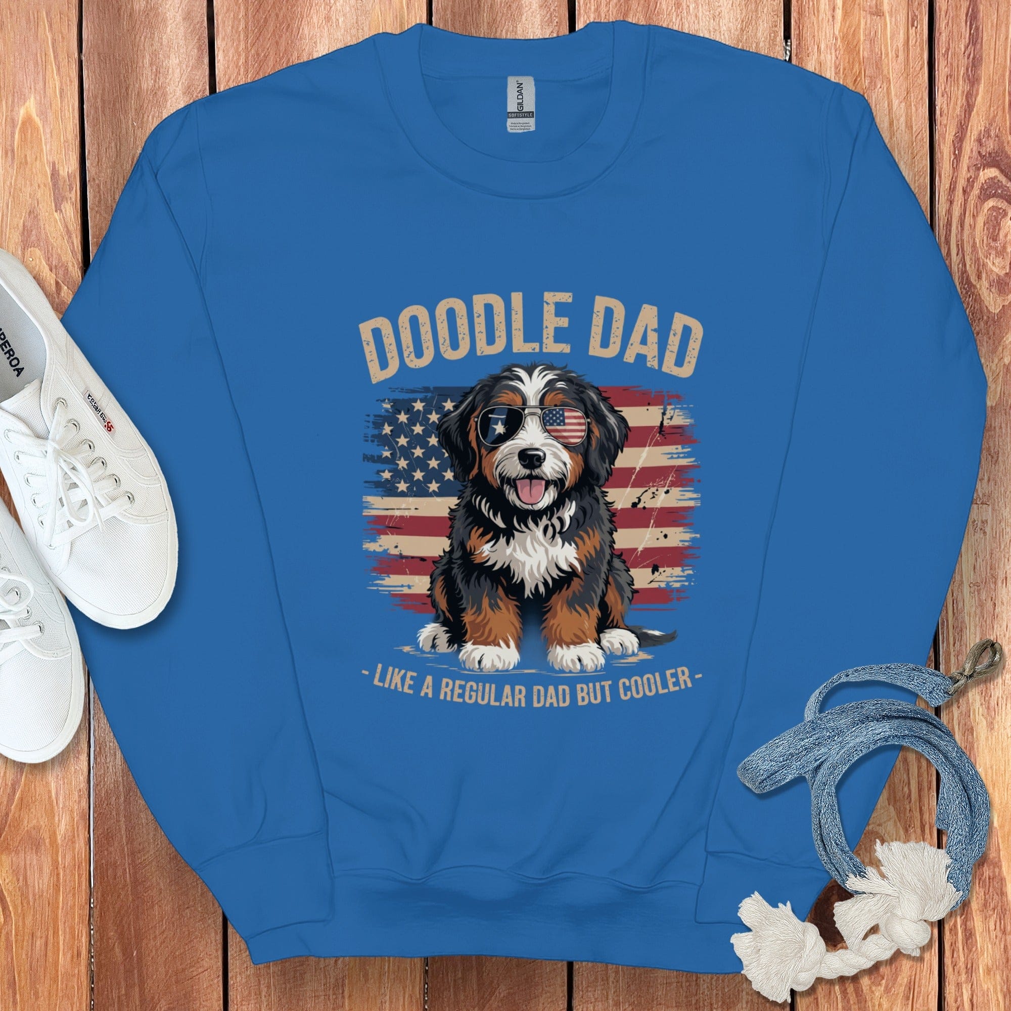 Patriotic Bernedoodle Dad Sweatshirt in Royal / S by Puppy Jo