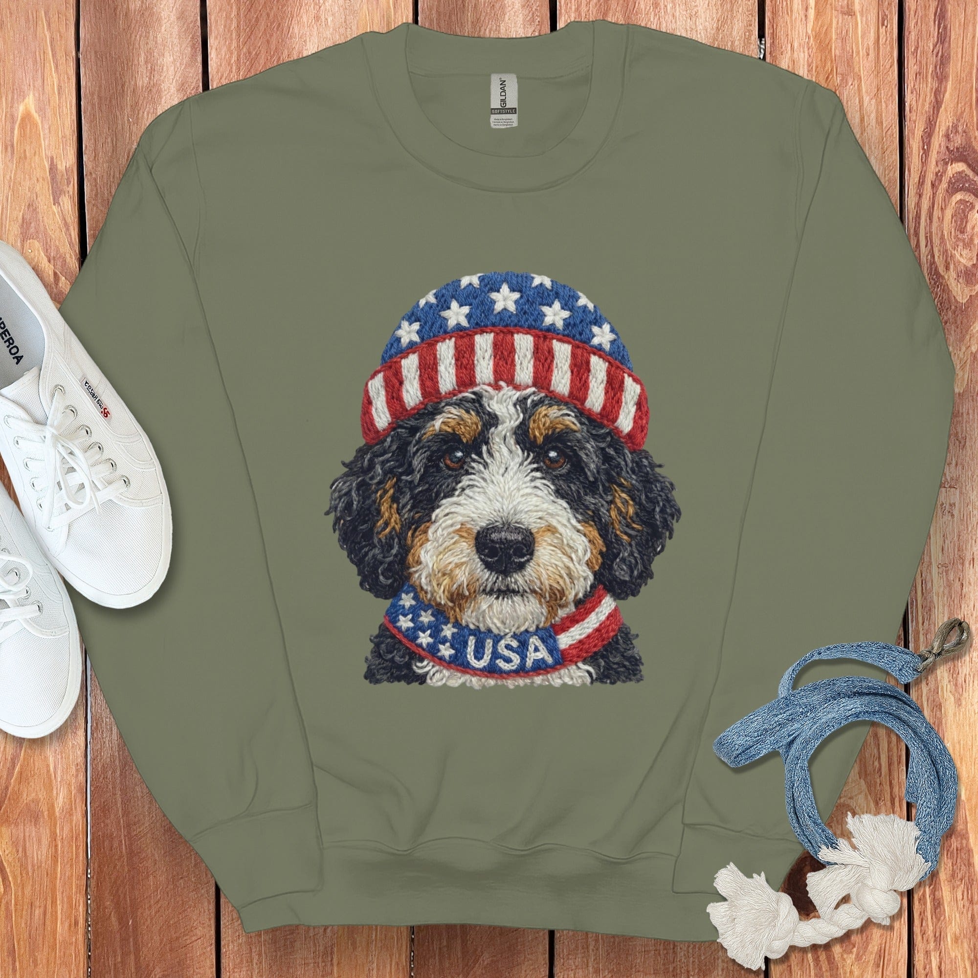 Patriotic Bernedoodle Sweatshirt in Military Green / S by Puppy Jo