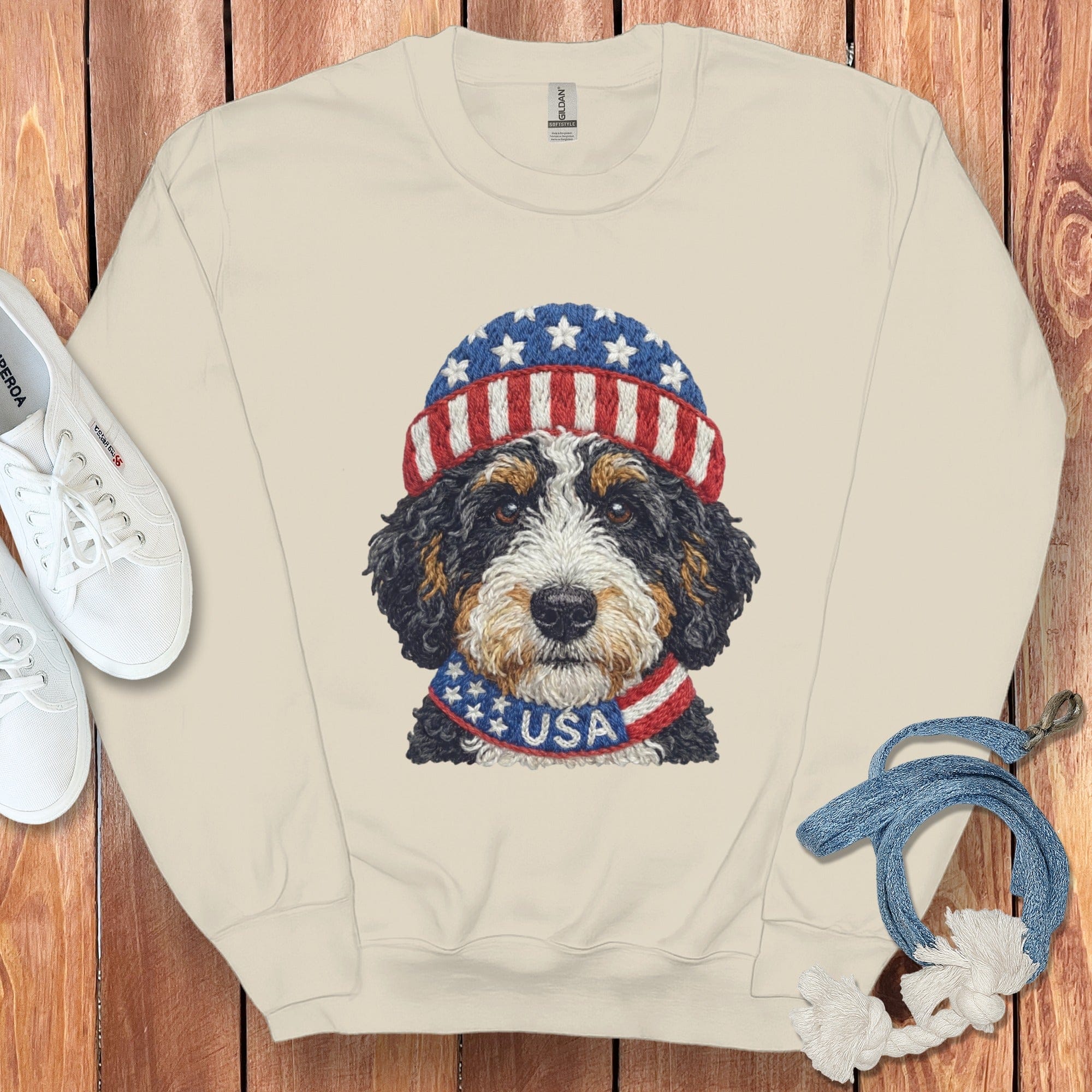 Patriotic Bernedoodle Sweatshirt in Sand / S by Puppy Jo