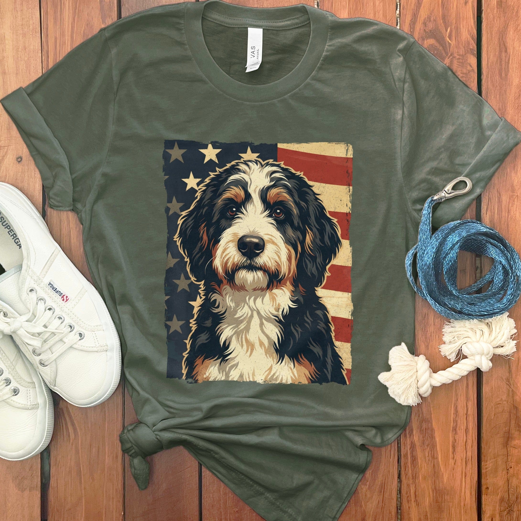Patriotic Bernedoodle T-Shirt in Military Green / S by Puppy Jo