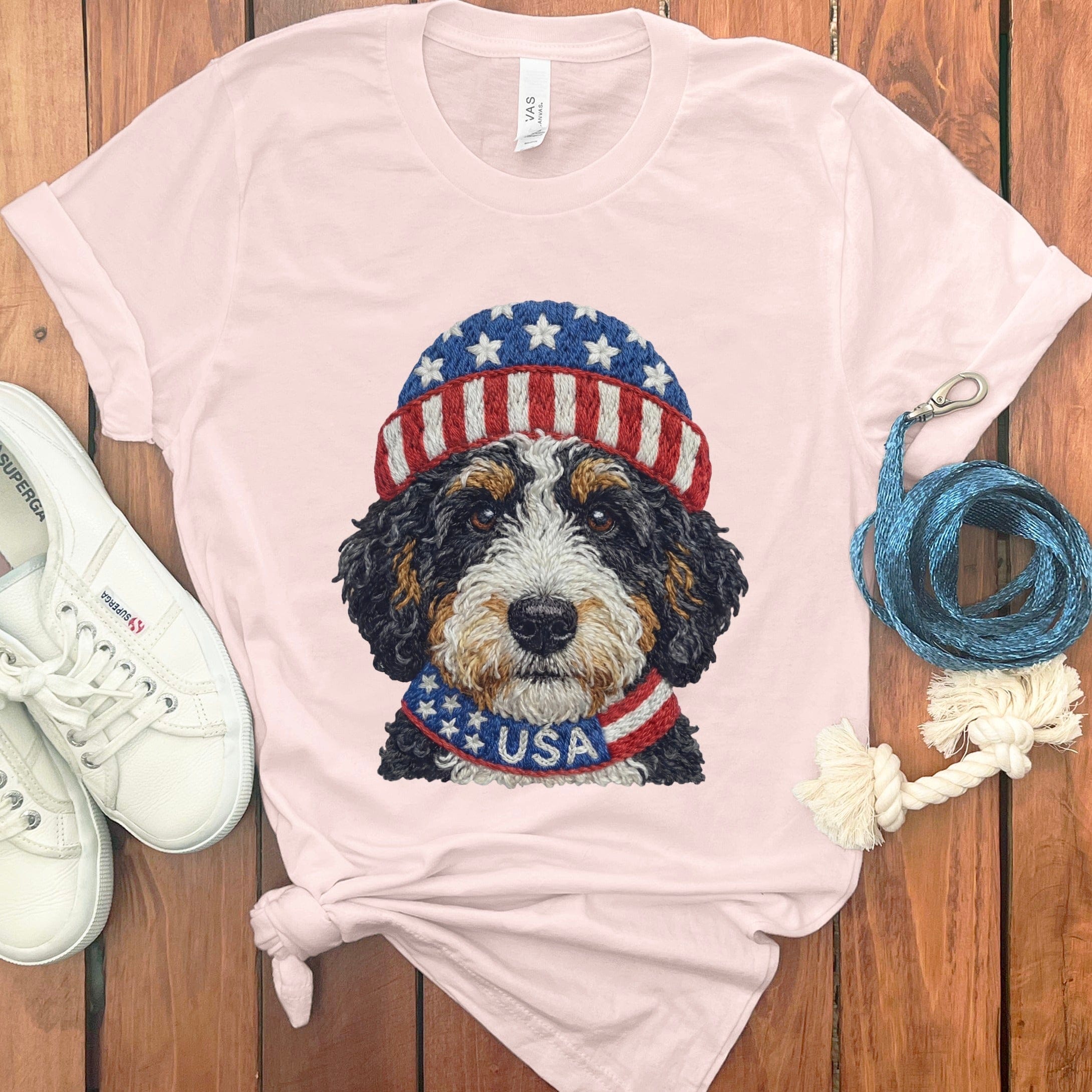 Patriotic Bernedoodle T-Shirt in Soft Pink / S by Puppy Jo