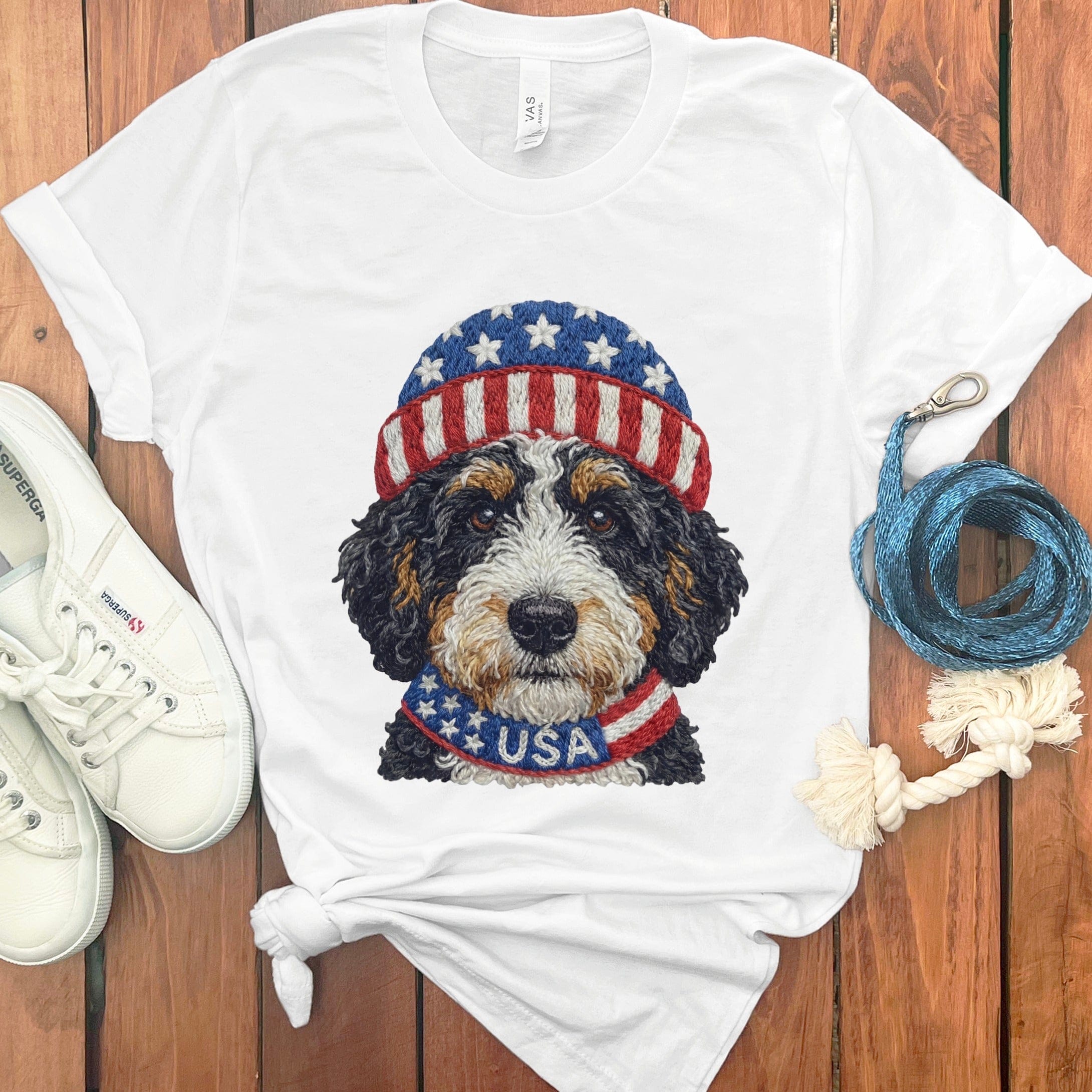 Patriotic Bernedoodle T-Shirt in White / S by Puppy Jo