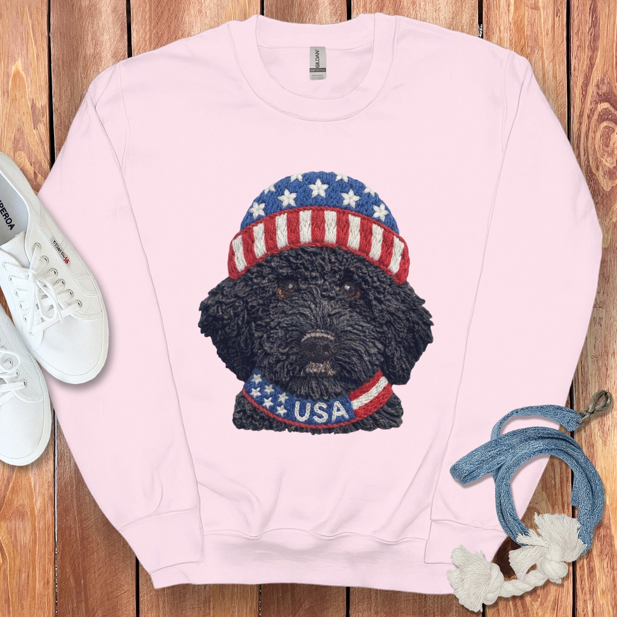 Patriotic Black Goldendoodle Sweatshirt in Light Pink / S by Puppy Jo