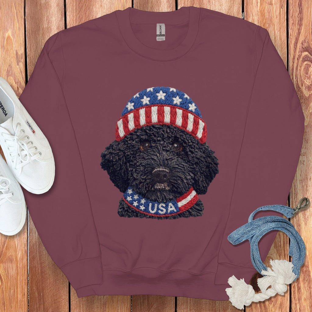 Patriotic Black Goldendoodle Sweatshirt in Maroon / S by Puppy Jo