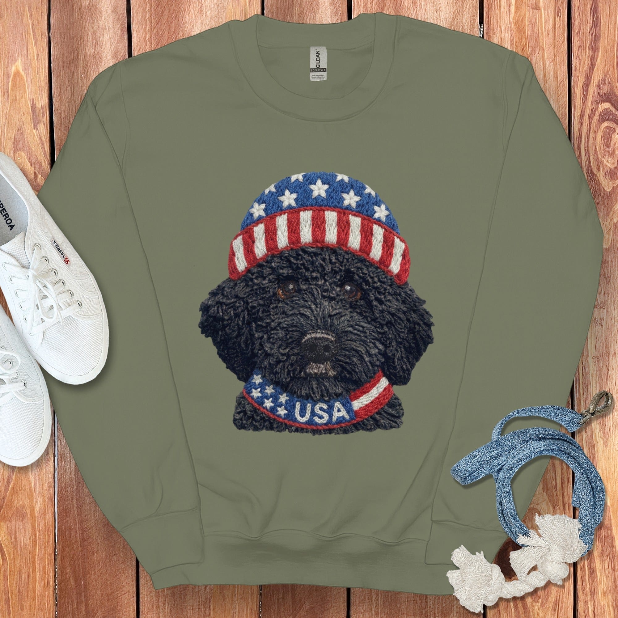 Patriotic Black Goldendoodle Sweatshirt in Military Green / S by Puppy Jo