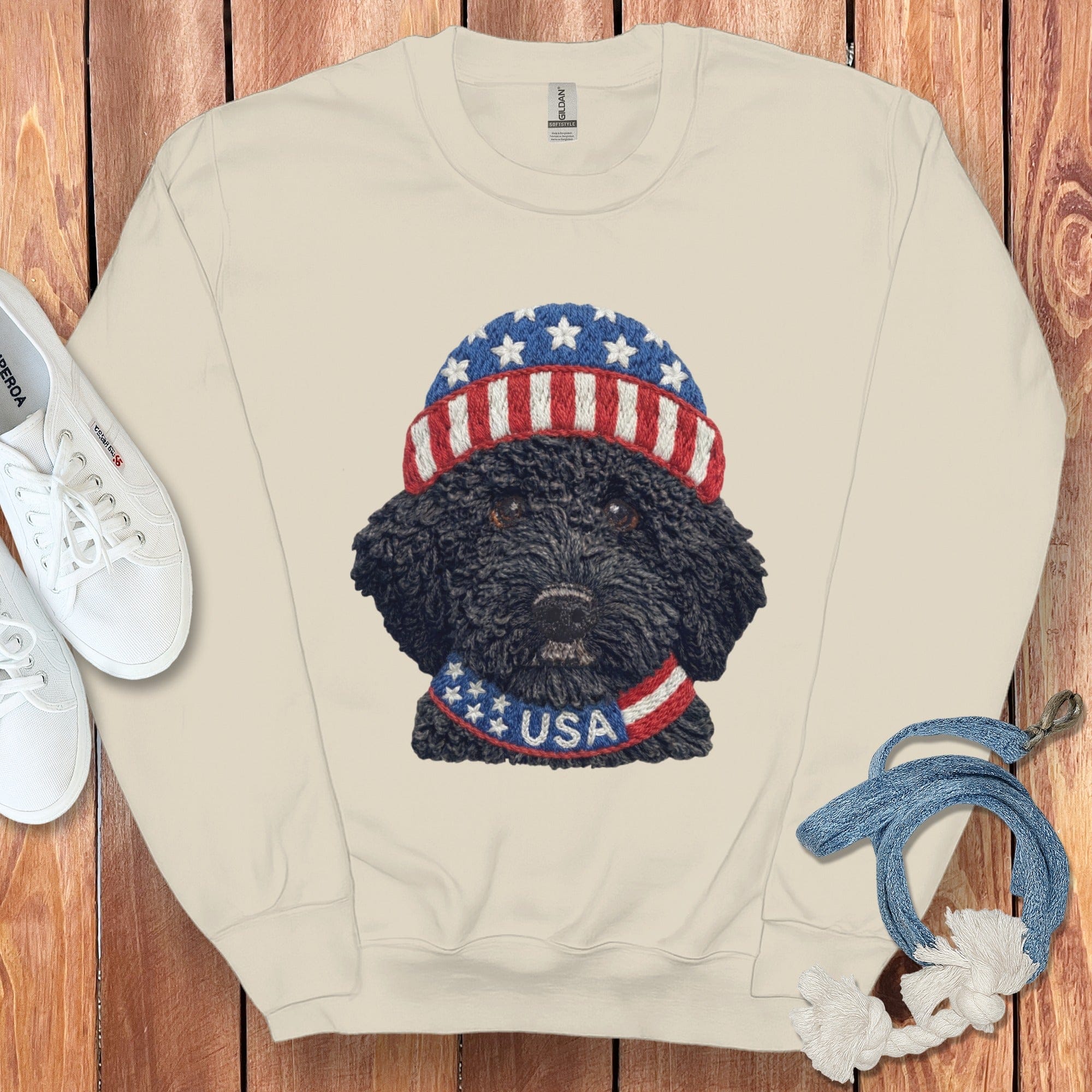 Patriotic Black Goldendoodle Sweatshirt in Sand / S by Puppy Jo