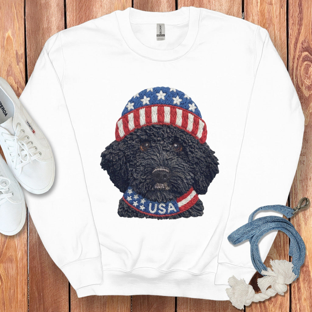Patriotic Black Goldendoodle Sweatshirt in White / S by Puppy Jo