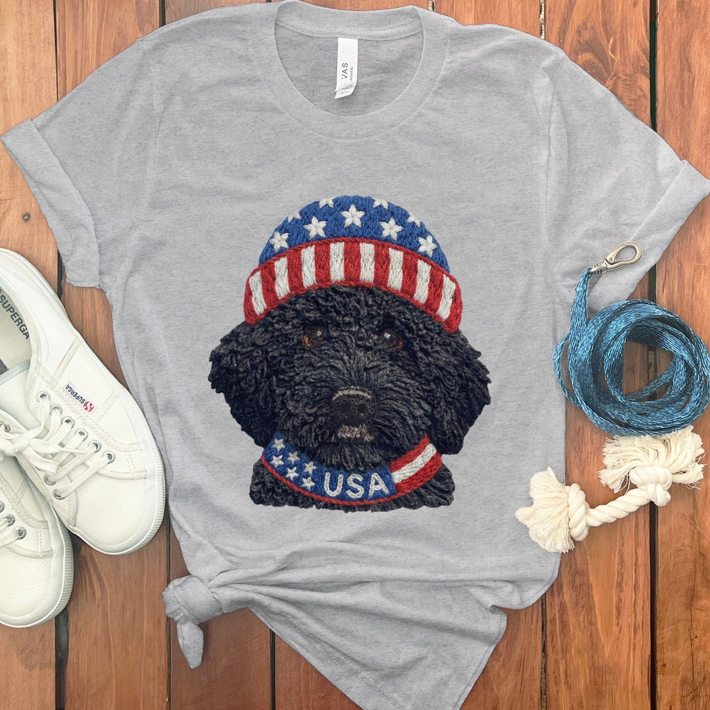 Patriotic Black Goldendoodle T-Shirt in Athletic Heather / S by Puppy Jo
