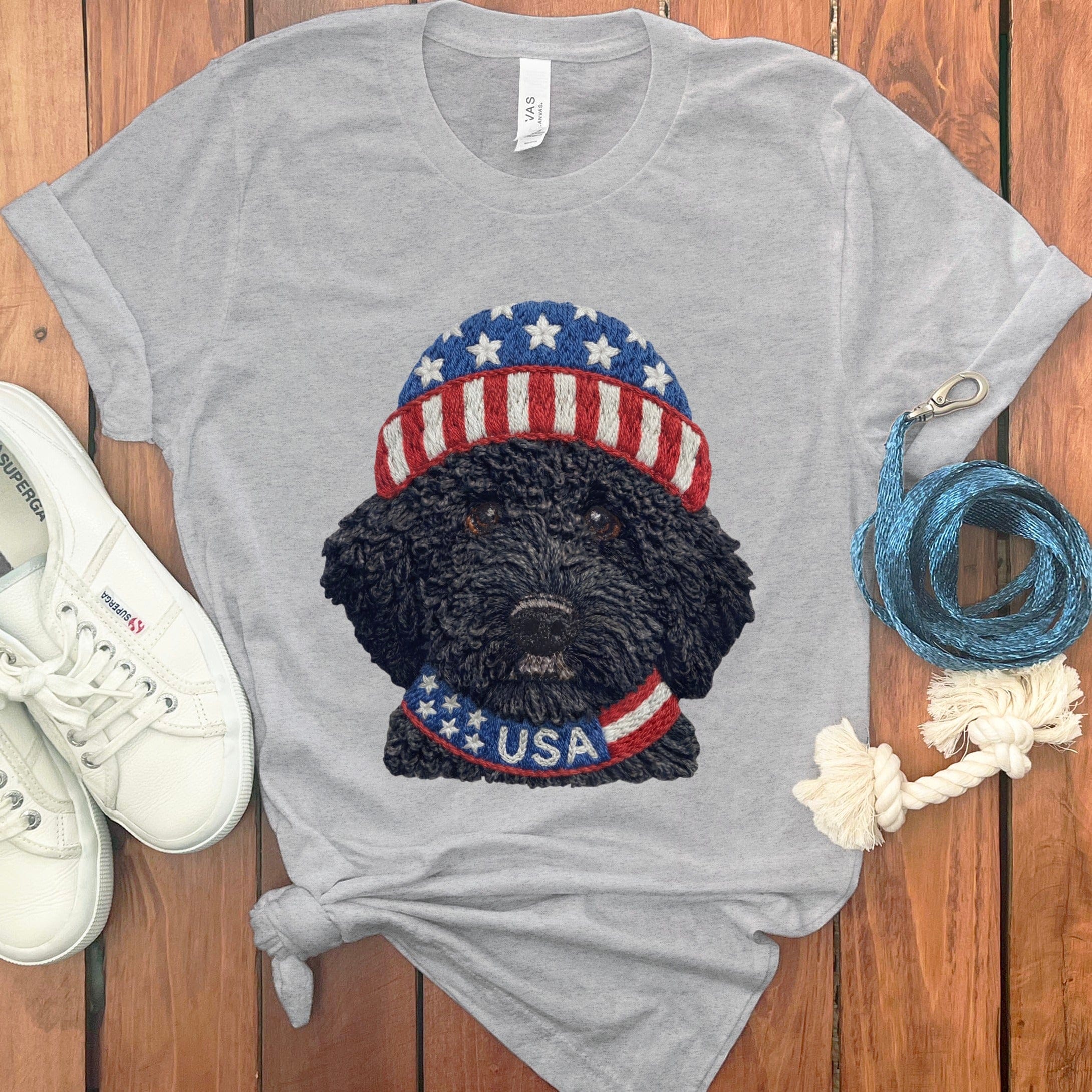 Patriotic Black Goldendoodle T-Shirt in Athletic Heather / S by Puppy Jo