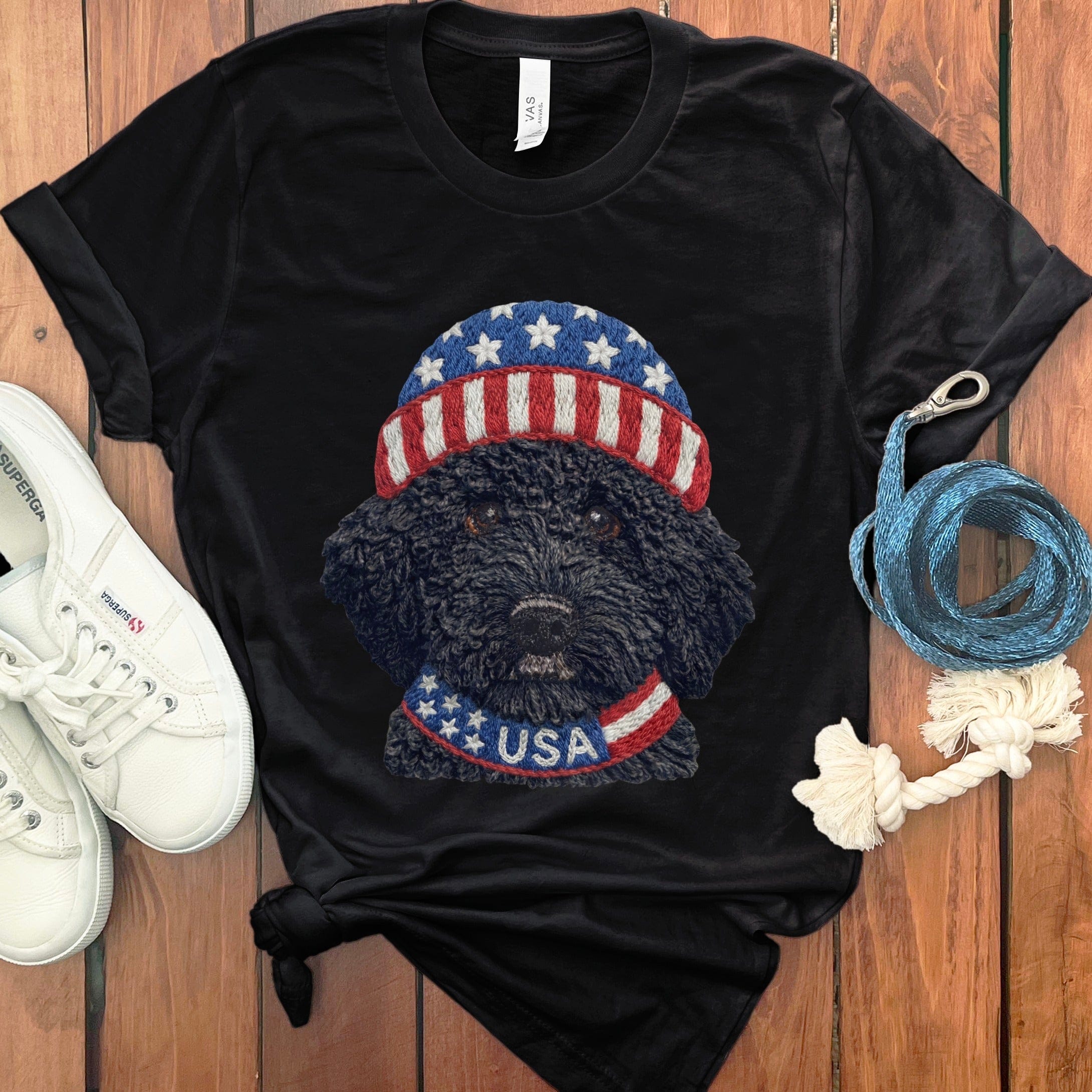 Patriotic Black Goldendoodle T-Shirt in Black / S by Puppy Jo