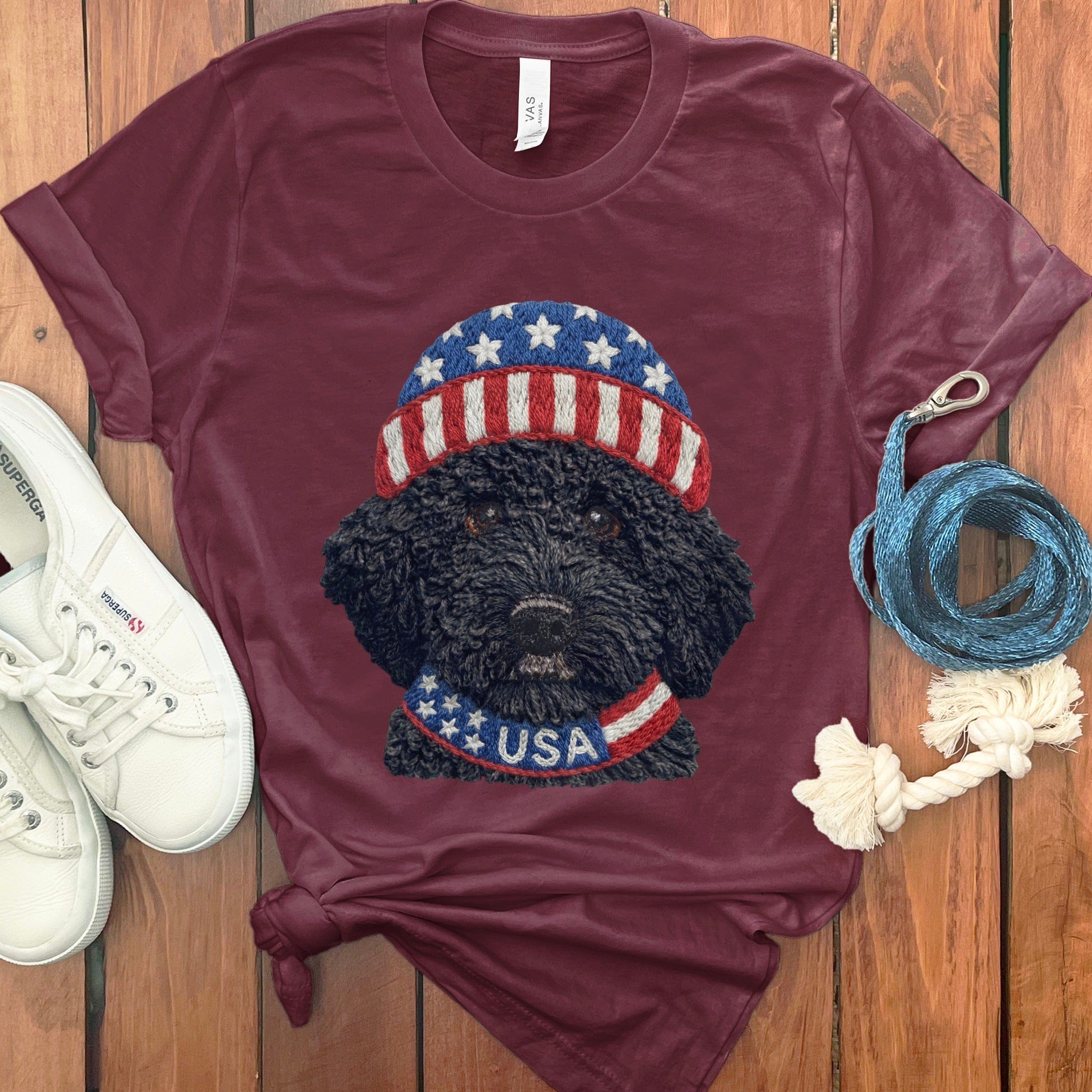 Patriotic Black Goldendoodle T-Shirt in Maroon / S by Puppy Jo