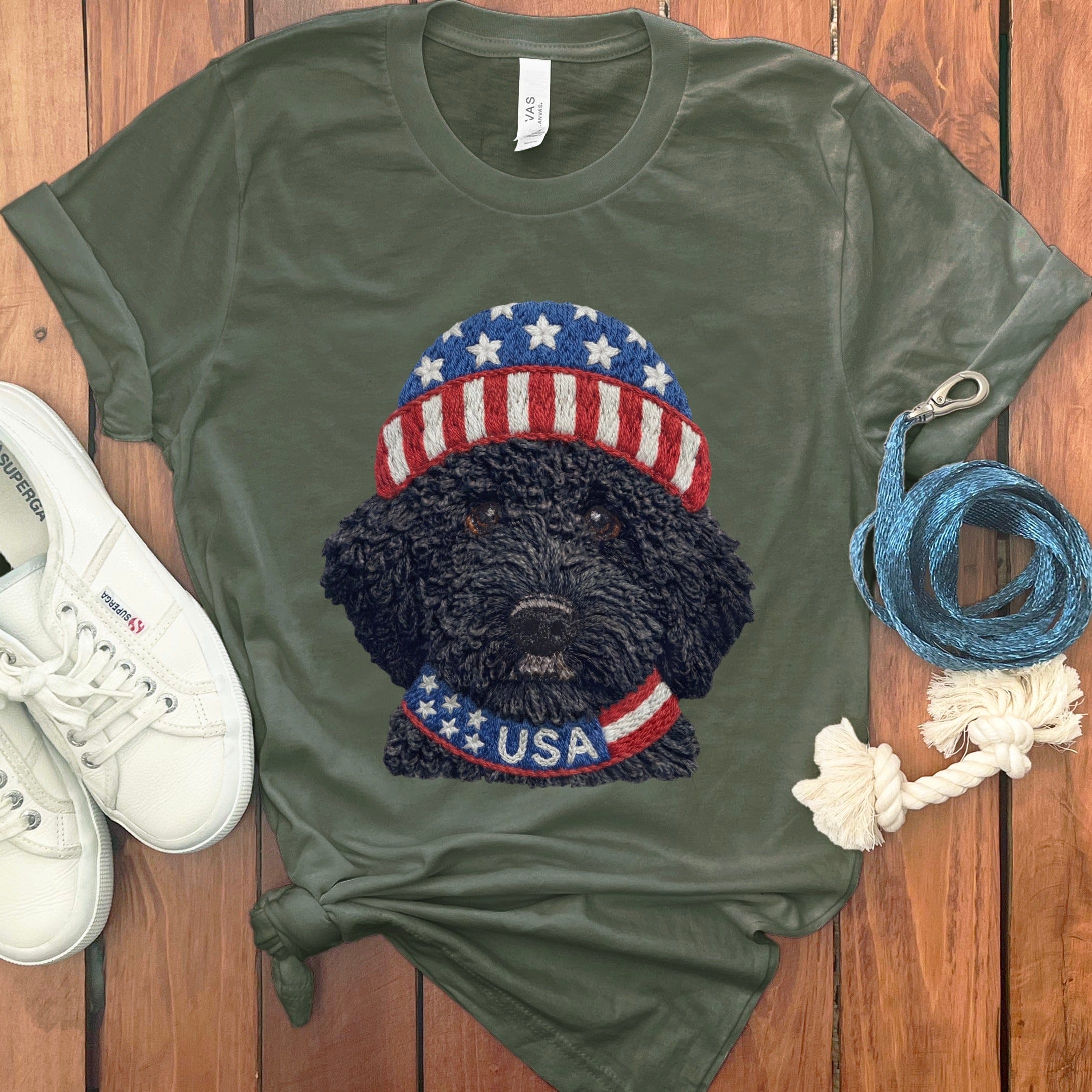 Patriotic Black Goldendoodle T-Shirt in Military Green / S by Puppy Jo