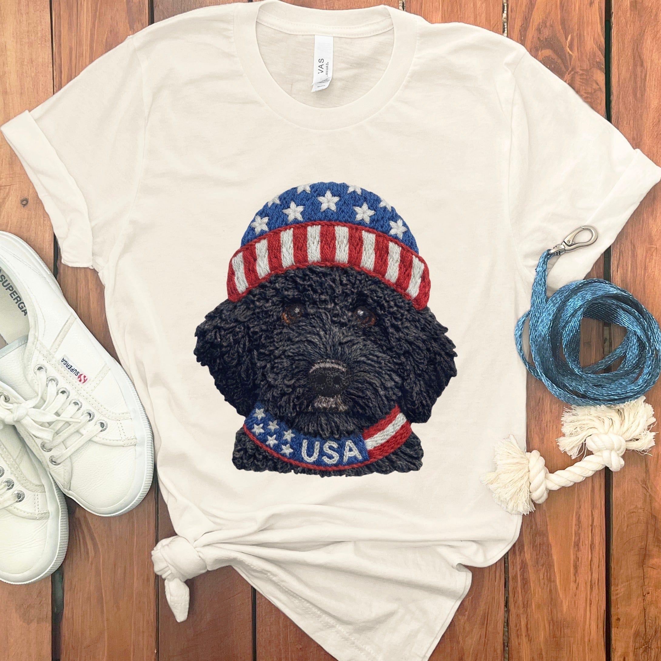 Patriotic Black Goldendoodle T-Shirt in Natural / S by Puppy Jo