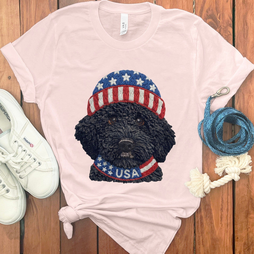 Patriotic Black Goldendoodle T-Shirt in Soft Pink / S by Puppy Jo