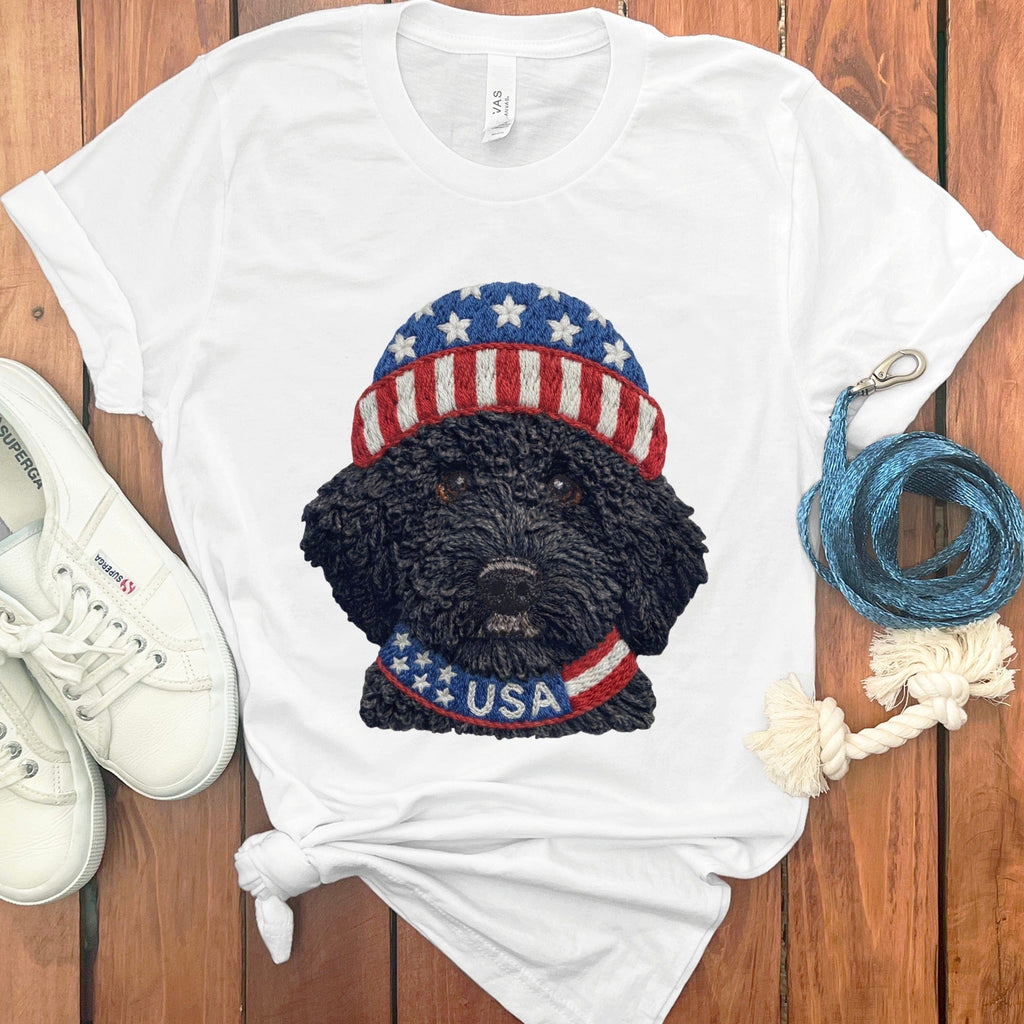 Patriotic Black Goldendoodle T-Shirt in White / S by Puppy Jo