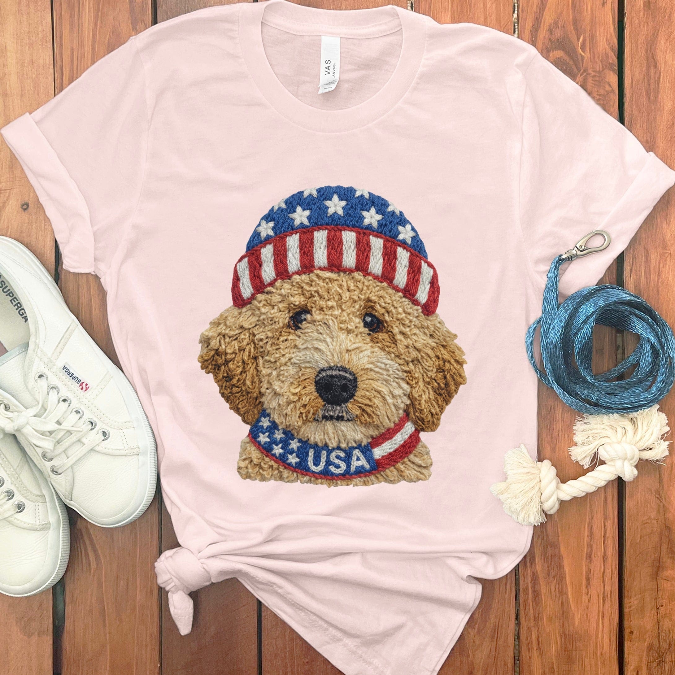 Patriotic Cavapoo T-Shirt in Soft Pink / S by Puppy Jo