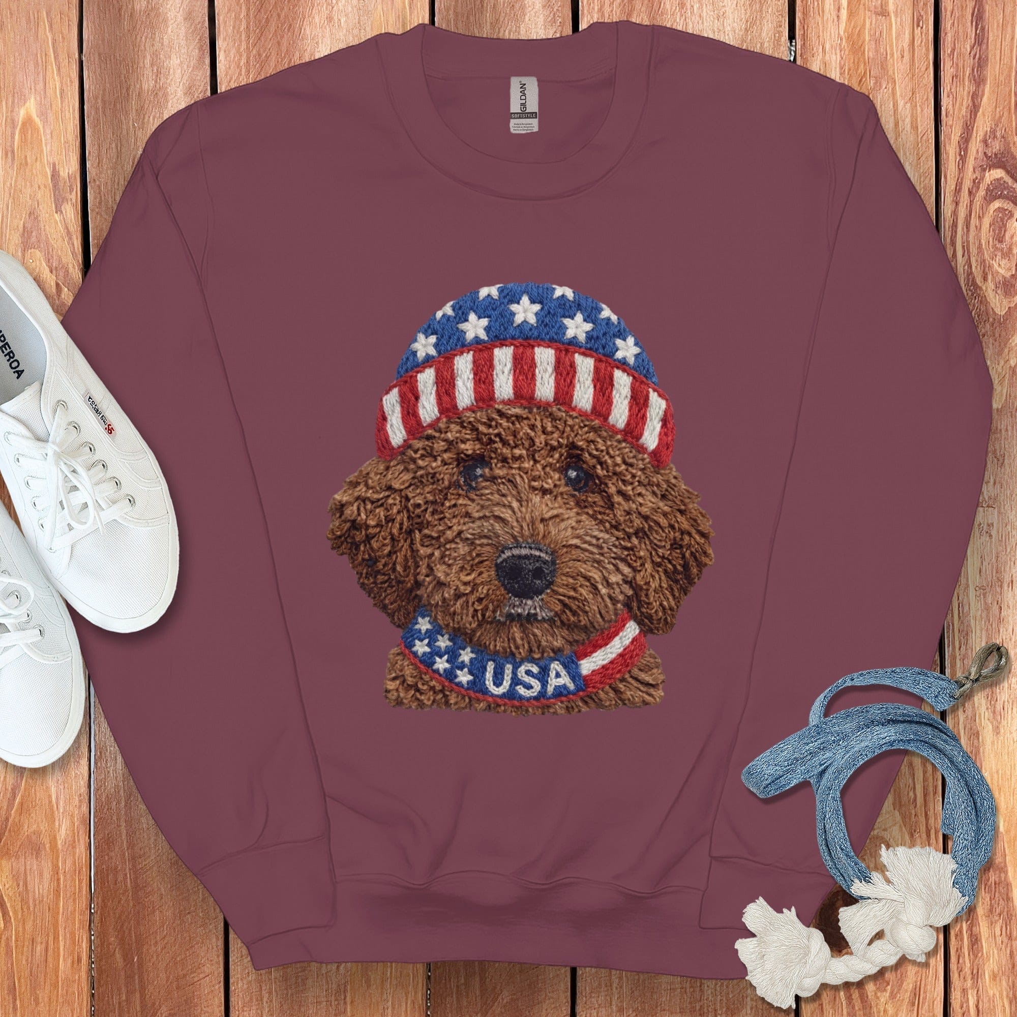 Patriotic Chocolate Doodle Sweatshirt in Maroon / S by Puppy Jo