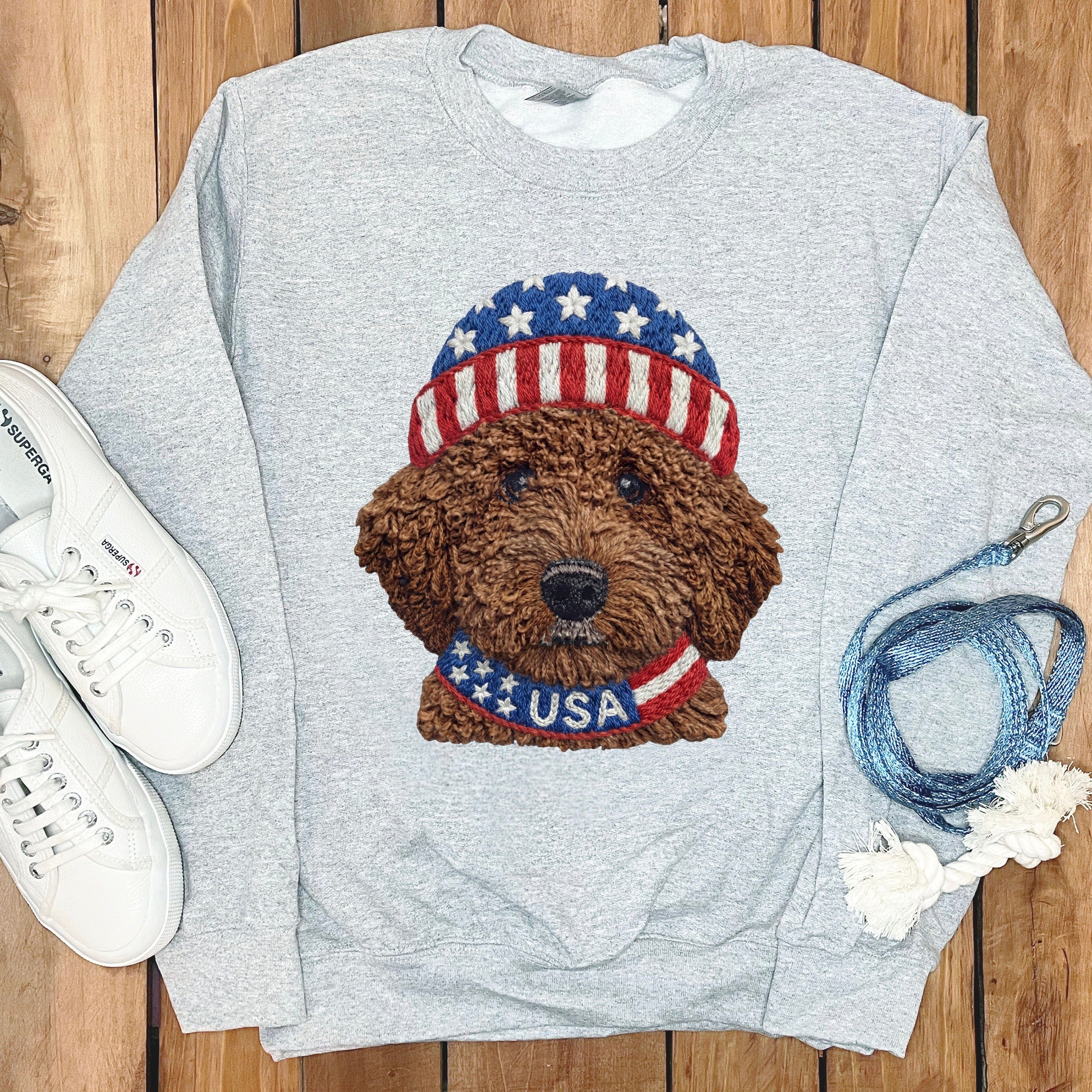 Patriotic Chocolate Doodle Sweatshirt in Sport Grey / S by Puppy Jo