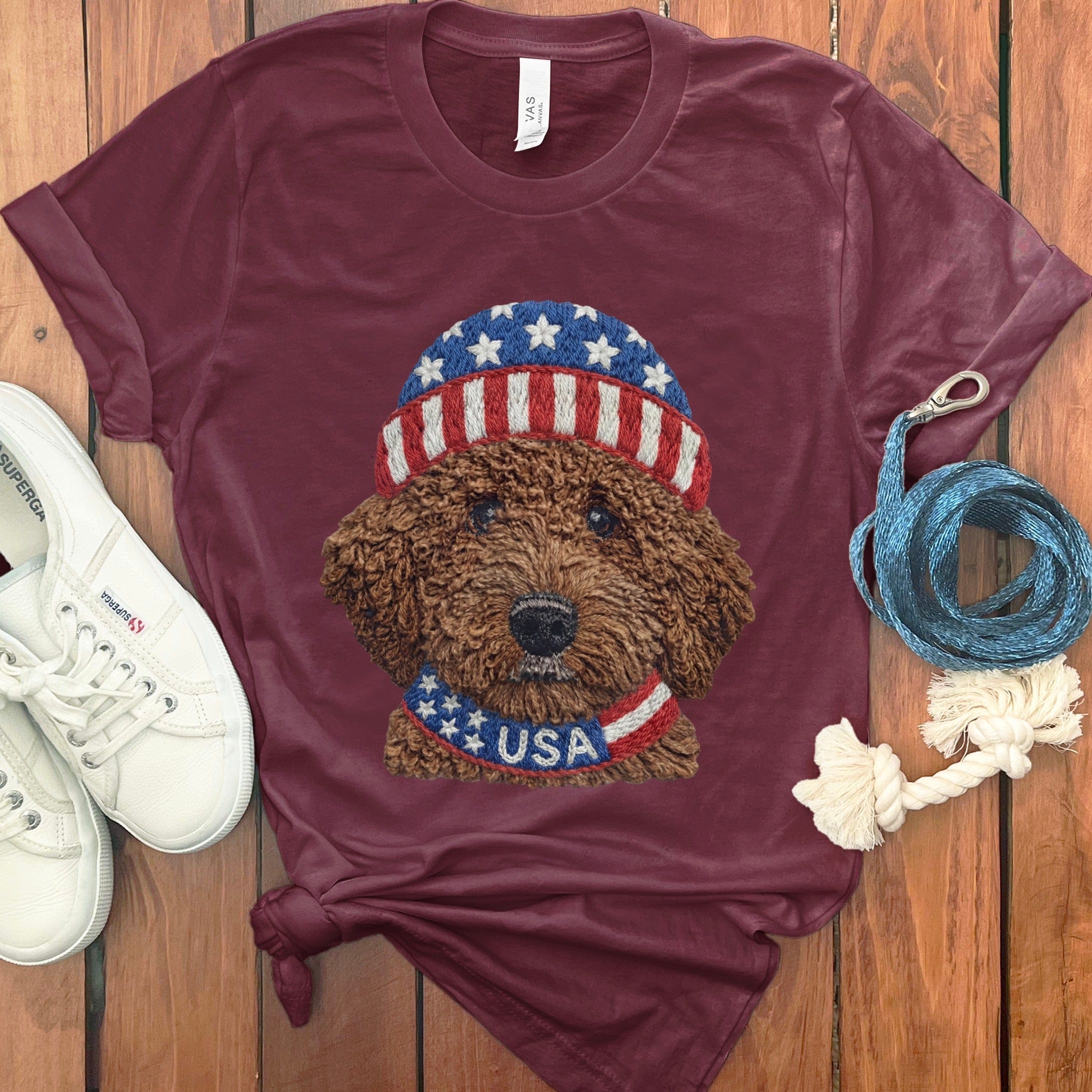 Patriotic Chocolate Doodle T-Shirt in Maroon / S by Puppy Jo