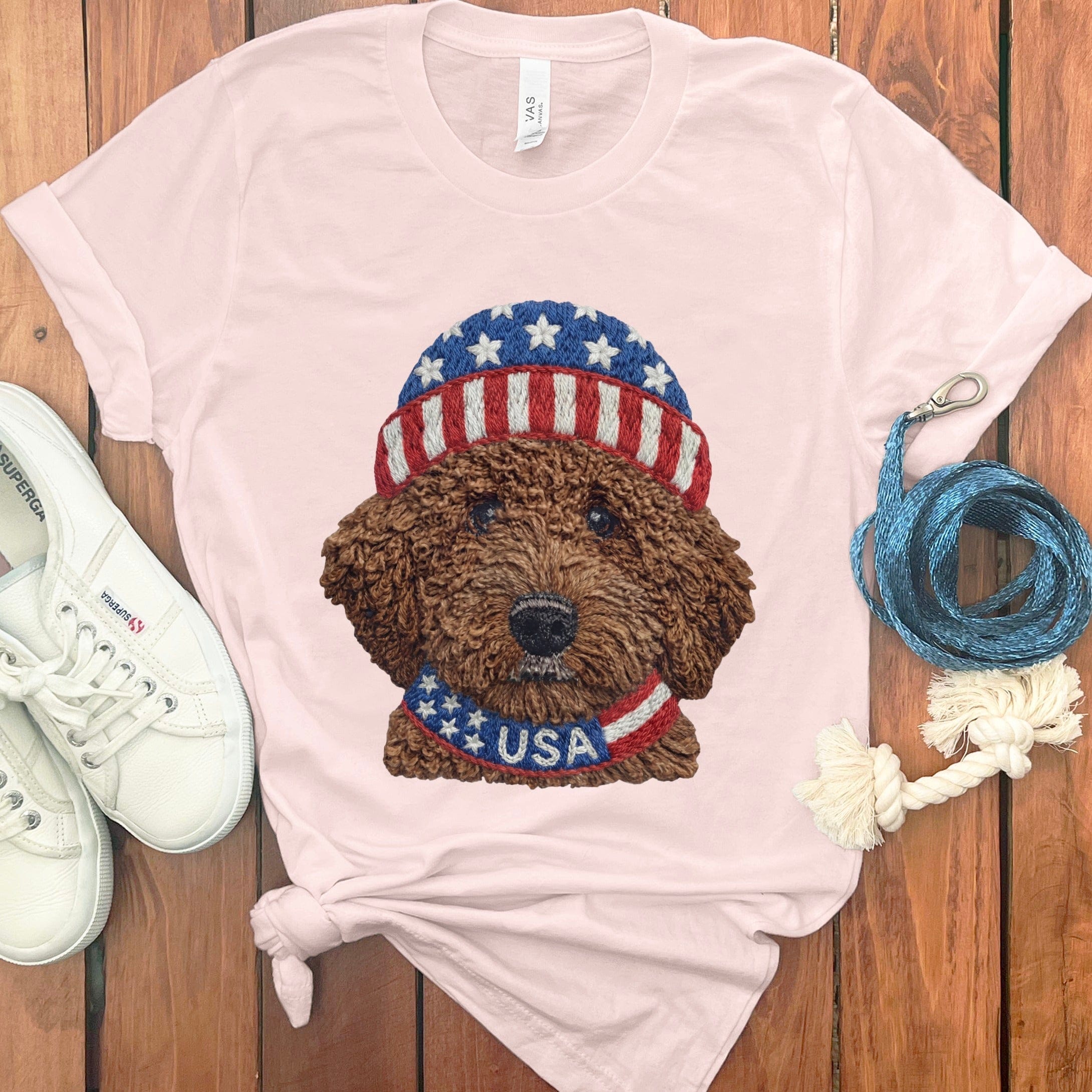 Patriotic Chocolate Doodle T-Shirt in Soft Pink / S by Puppy Jo